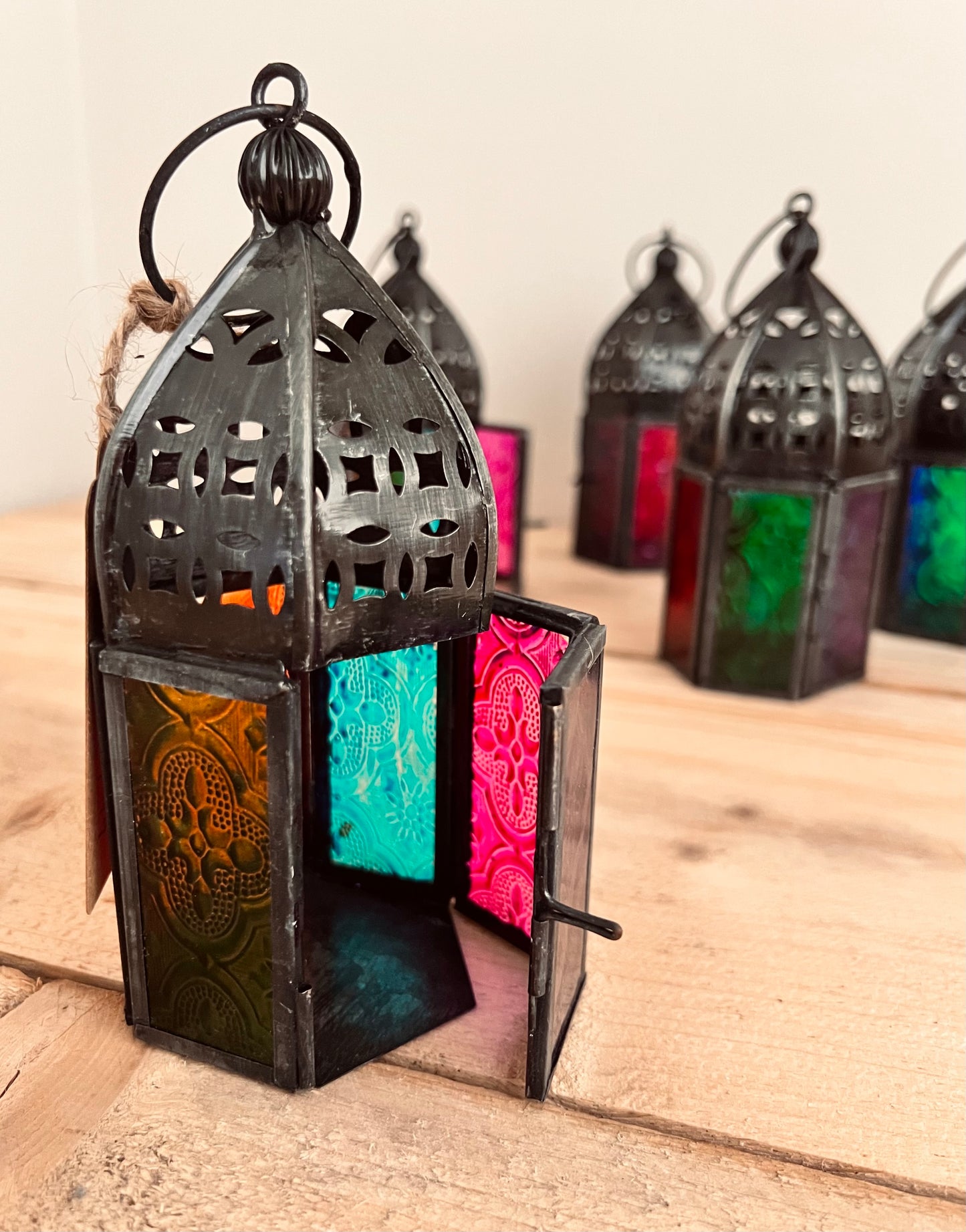 Handmade Fair Trade Moroccan Style Lantern with Multi Coloured Glass Bohemian Hippie T Light Holder 