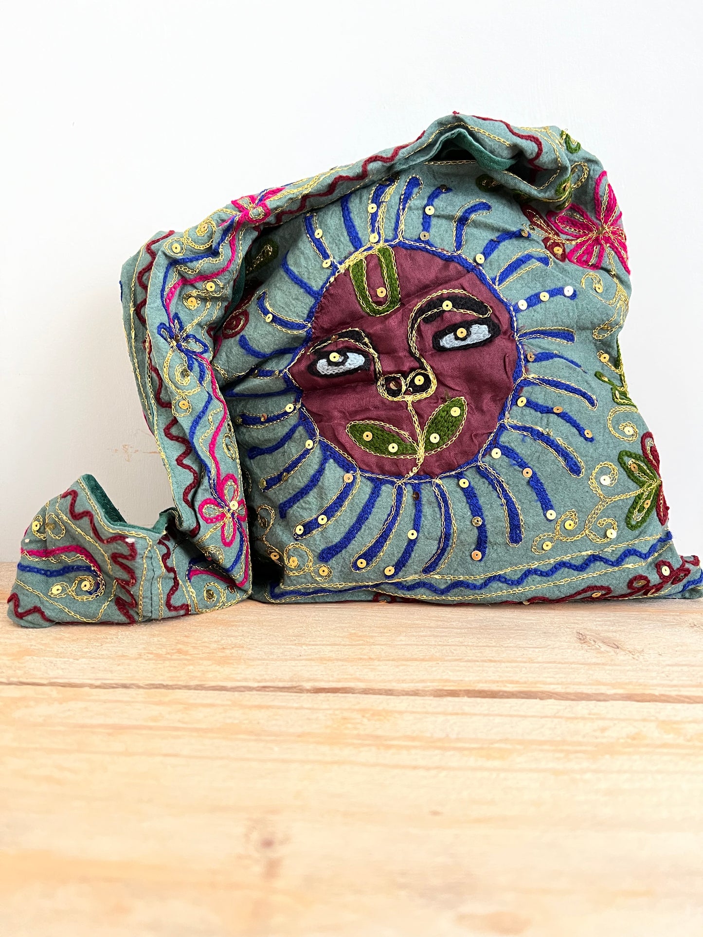 Handmade Fair Trade Hand Embroidered Smiling Indian Sun Shoulder Bag Festival Travel Bohemian Bag Blue