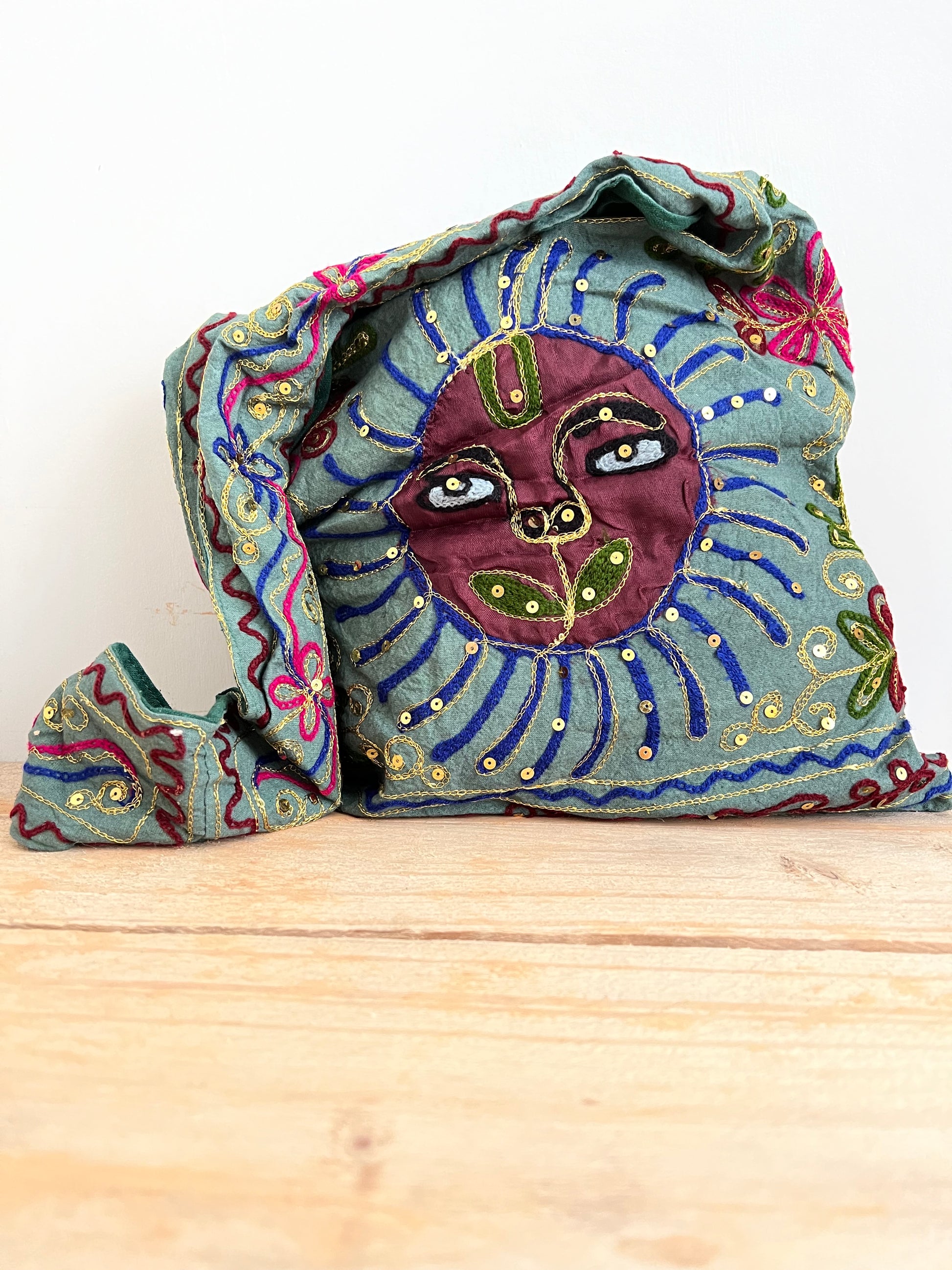 Handmade Fair Trade Hand Embroidered Smiling Indian Sun Shoulder Bag Festival Travel Bohemian Bag Blue