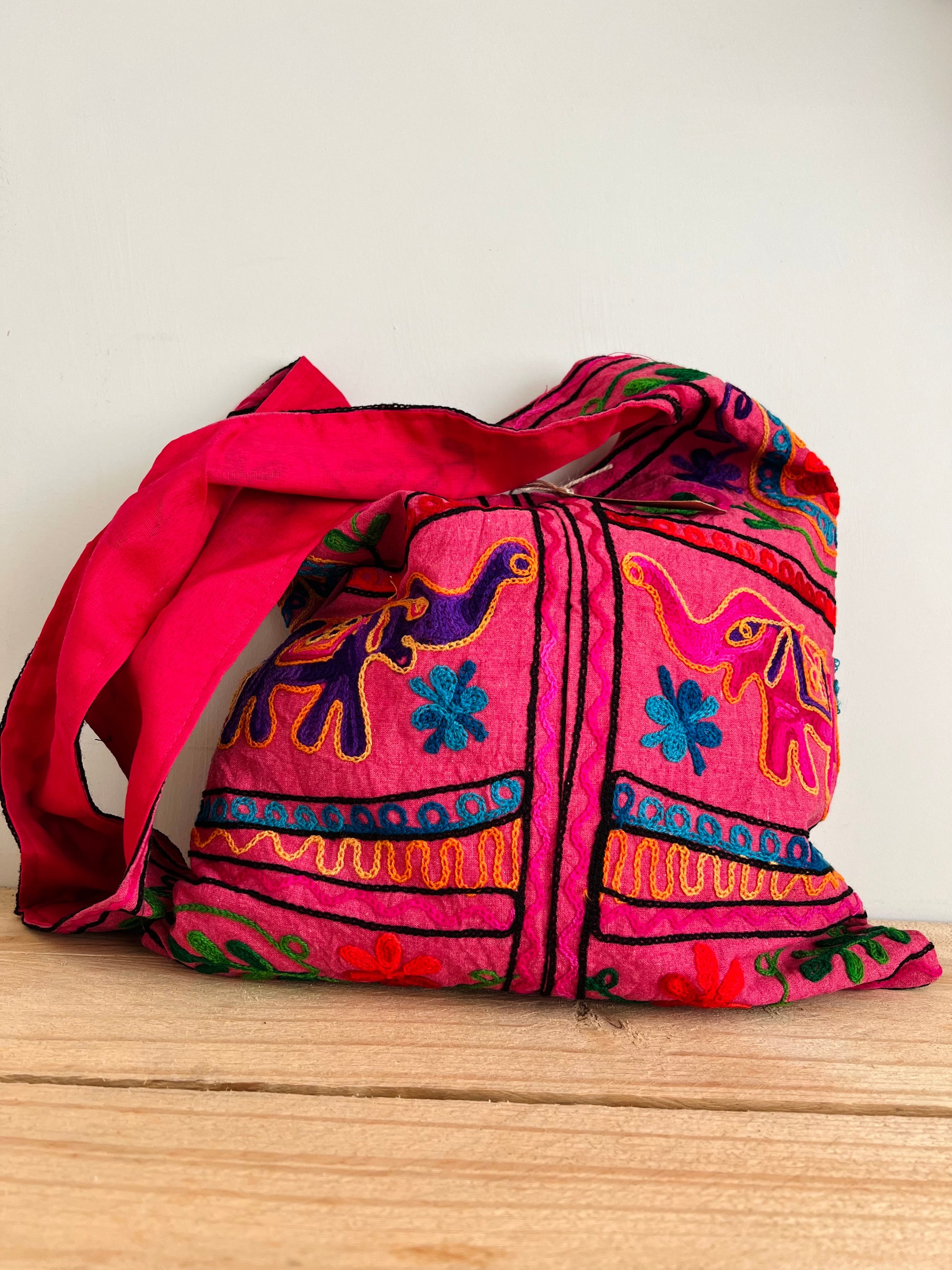 Handmade Fair Trade Elephant Embroidered Shoulder Bag Hippie Bohemian Bag Pink