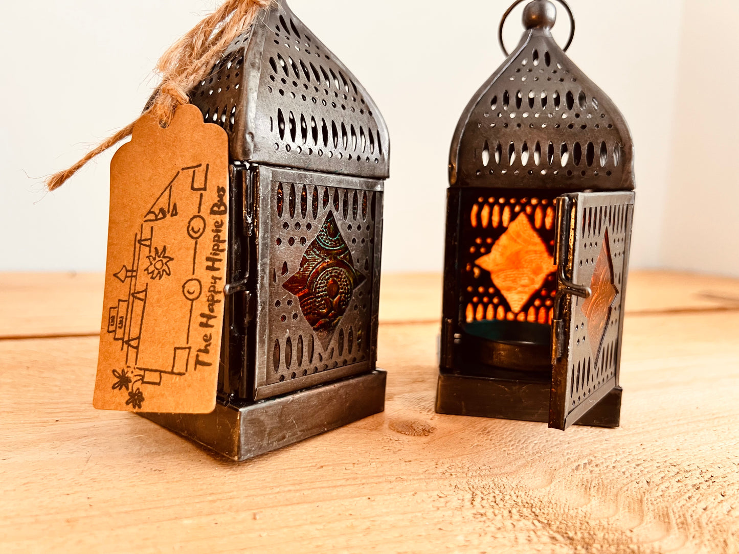 Handmade Faire Trade Ethically Sourced Bohemian Hippie Moroccan Style Lantern Silver Orange Blue T Light Holder Mini Gift Hanging Decor Unique Recycled Metal Eco Plastic Free