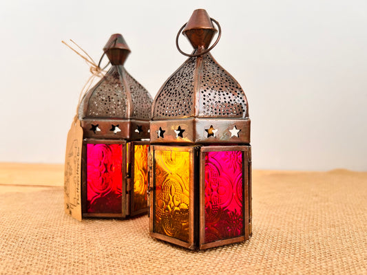 Pink & Yellow Moroccan Style Lantern - T-Light Holder