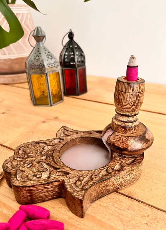 hamsa hand mango wood hand carved backflow cone incense holder, natural wood back flow incense cone burner handmade fair trade ethically sourced