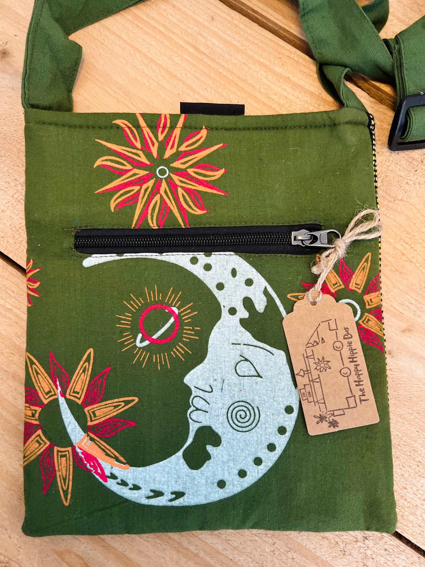 Handmade Forest Green Nepalese Cotton Moon Print Passport Crossbody Bag