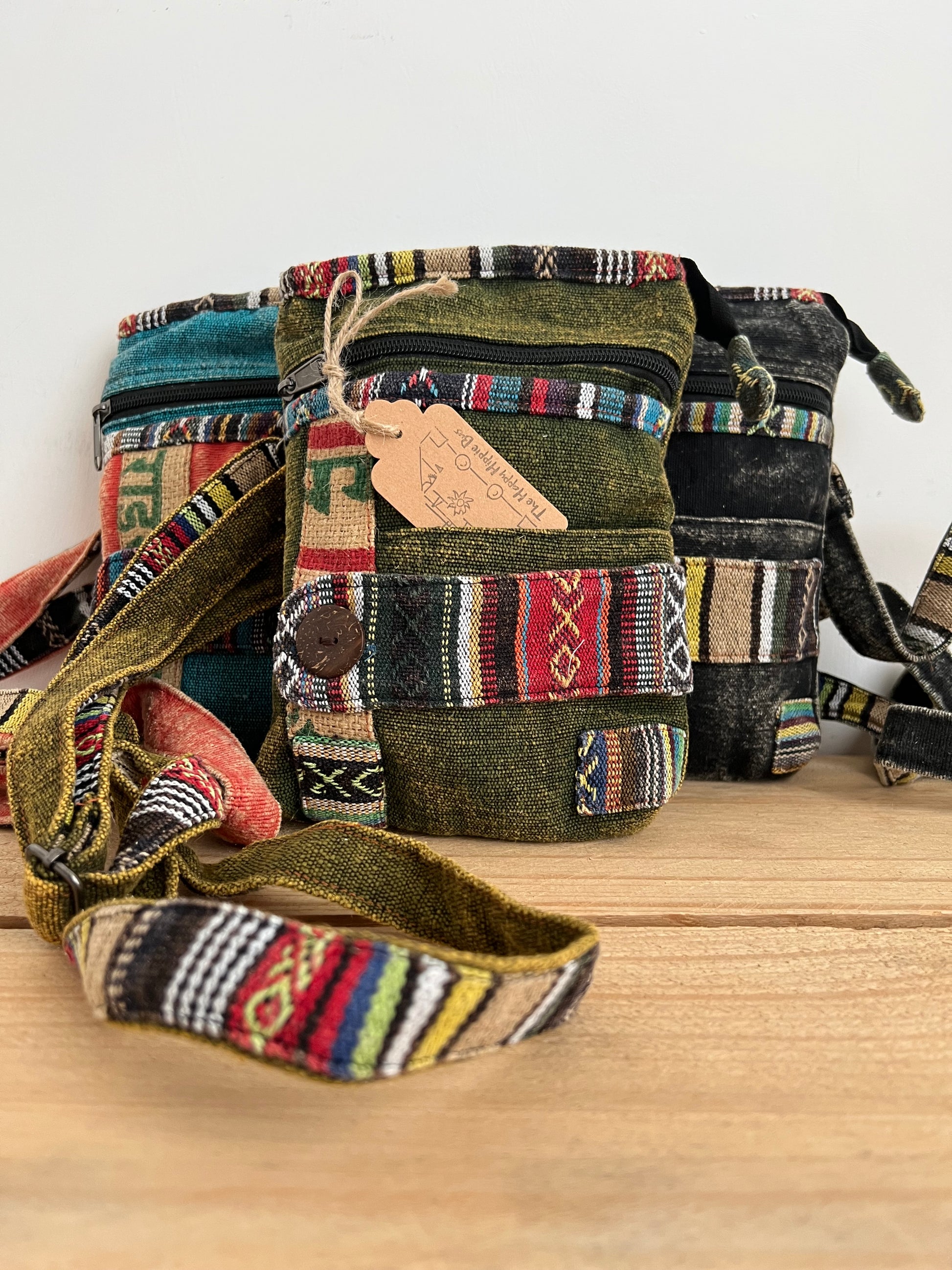 Handmade Fair Trade Ethically Sourced Bohemian Shoulder Passport Bag Green Blue Black 