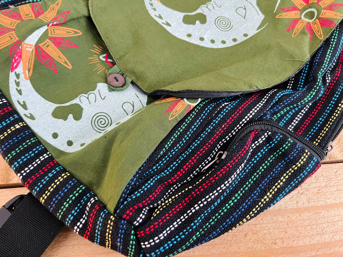 Crescent Moon Hand Printed Backpack Midnight Blue & Earth Green