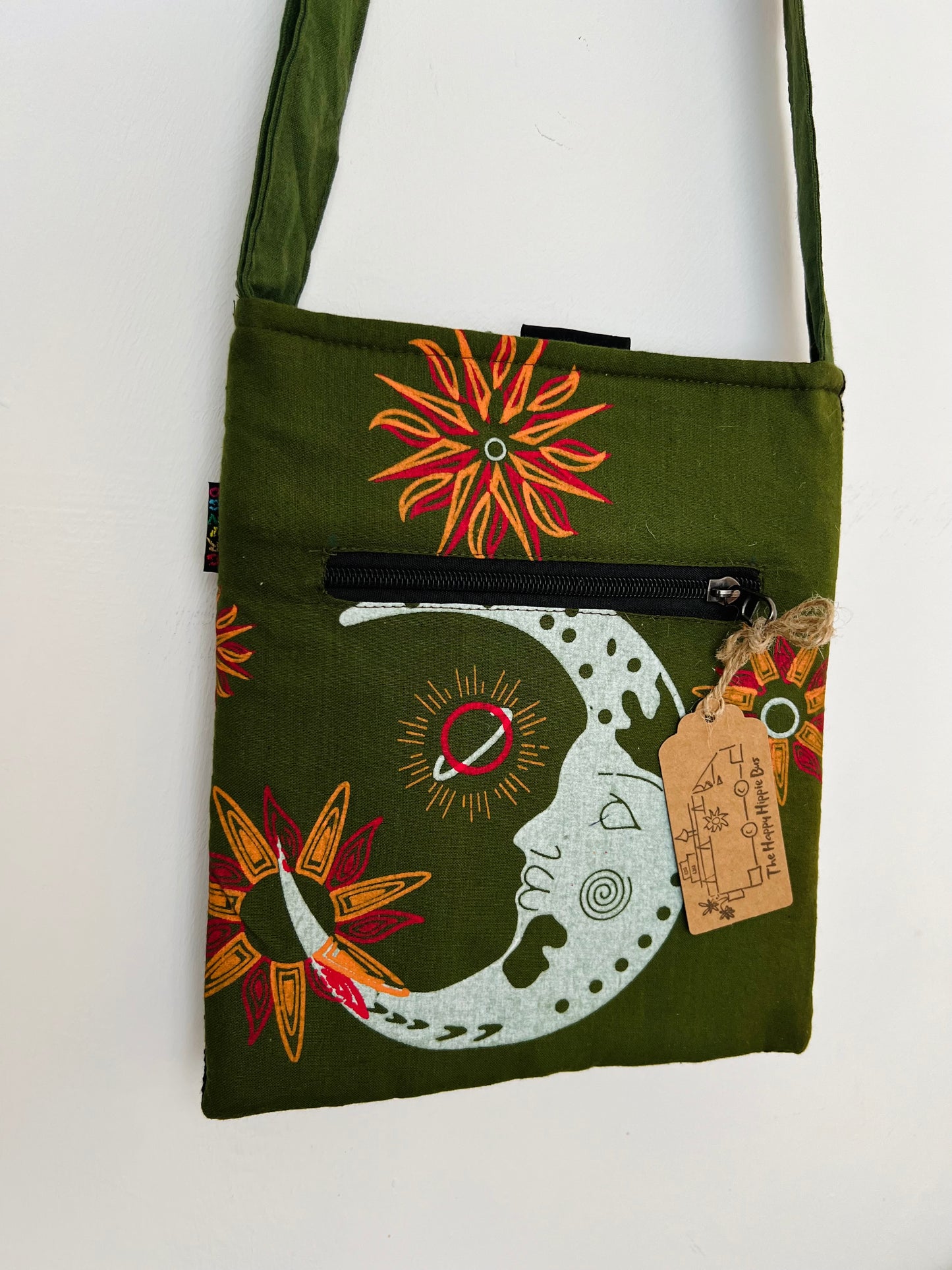 Handmade Forest Green Nepalese Cotton Moon Print Passport Crossbody Bag
