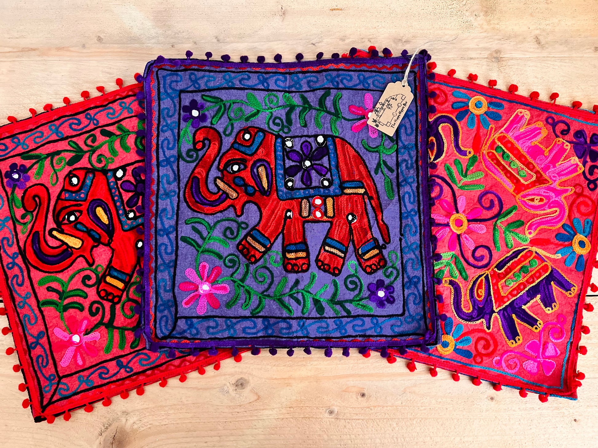 Handmade Embroidered Bohemian Elepahnt Pink Purple Hippie Cushion Cover With Pom Pom Edge Fair Trade Ethically Sourced Handmade