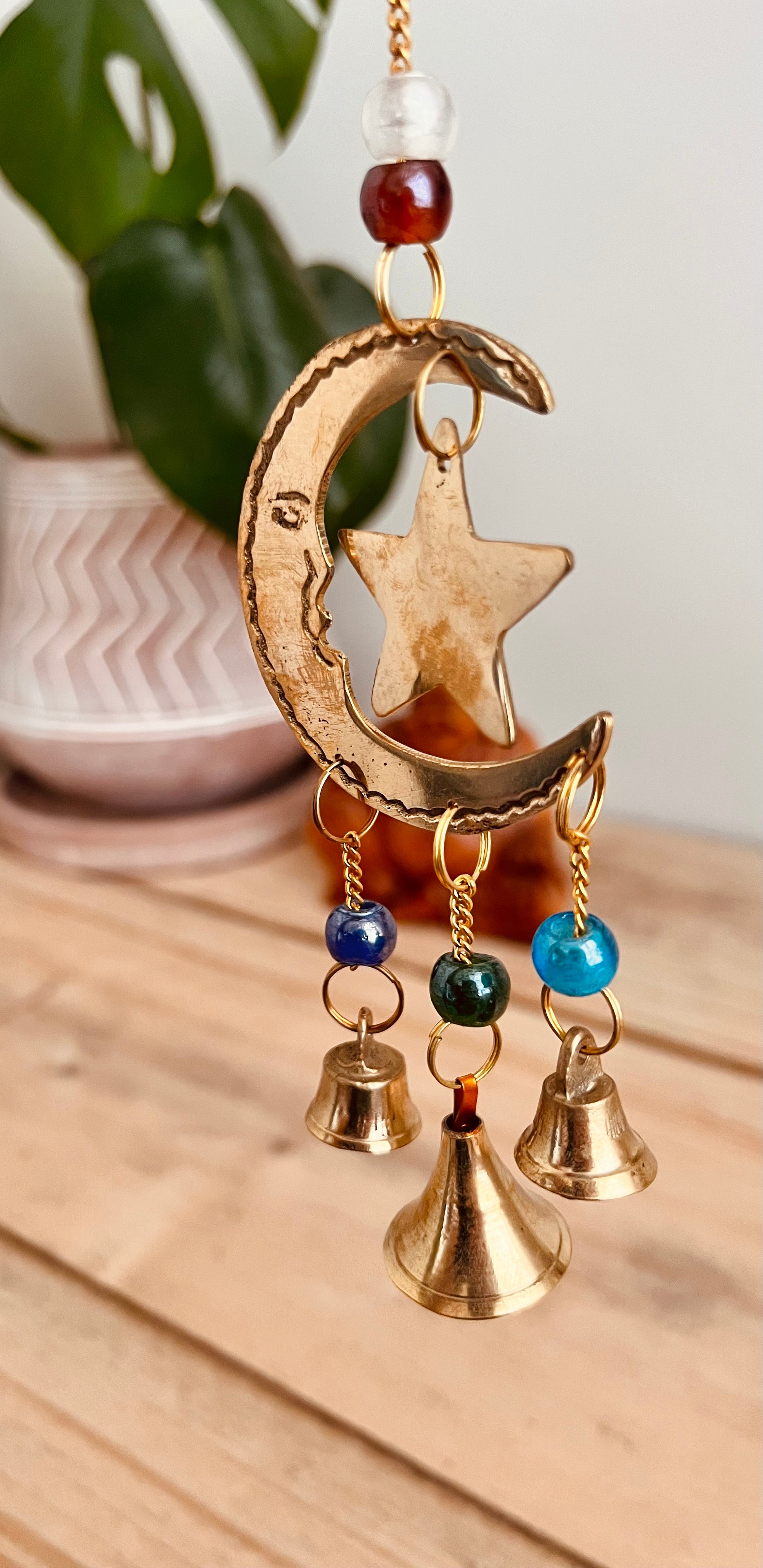 Mini crescent moon and star brass bells small fair trade handmade ethically sourced wind chime colourful glass beads 