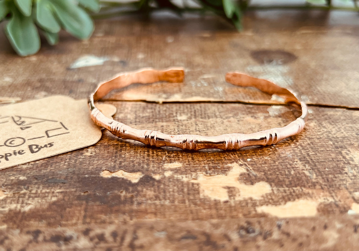 Handcrafted Solid Copper Slim Cuff Bracelet - Bamboo Style Design