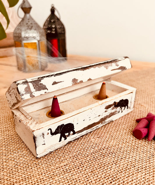 White washed small wooden incense cone burner box incense holder handmade fair trade ethically sourced incense cone box 