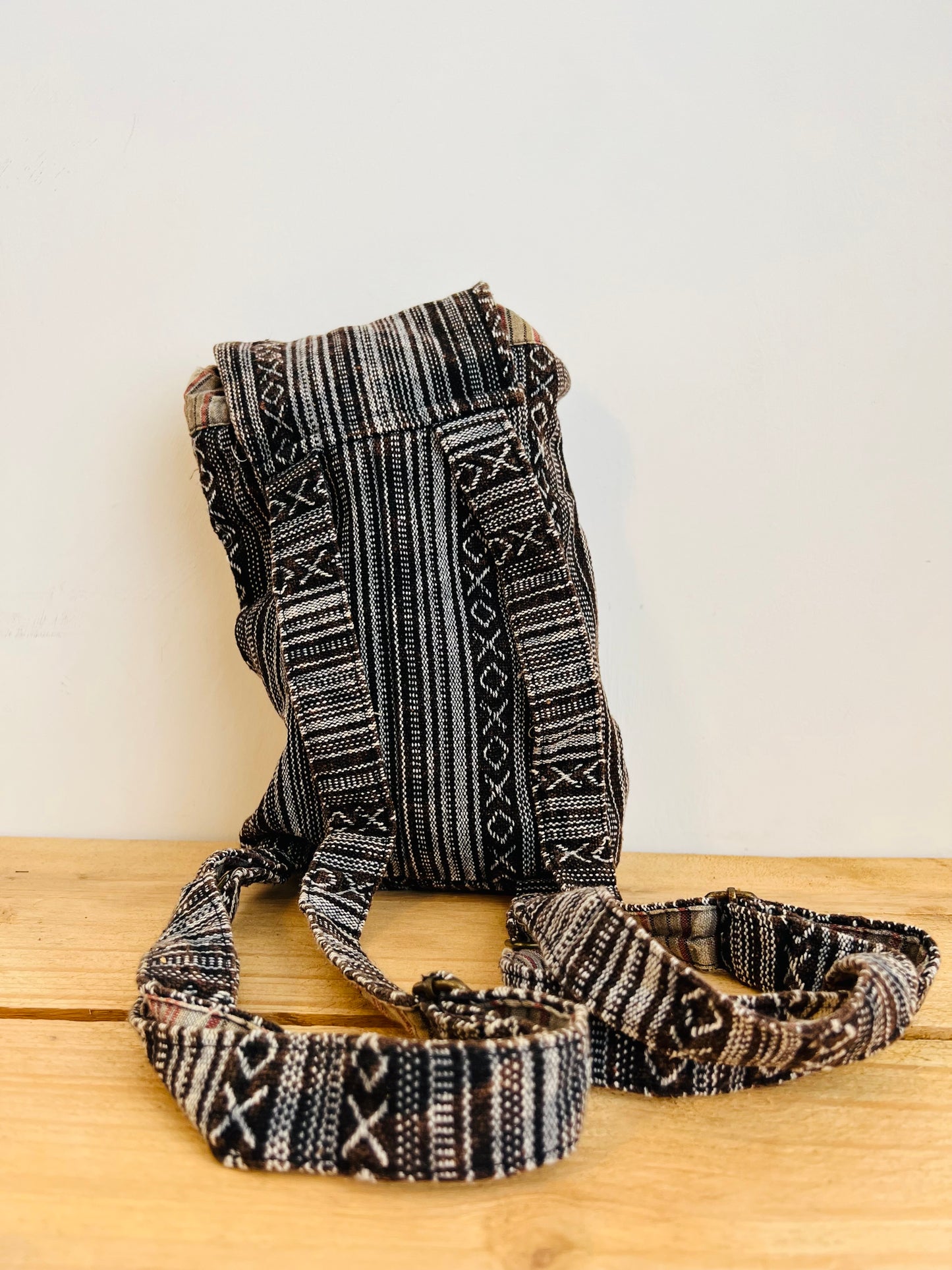 Handmade Fair Trade Recycled Cotton Mini Backpack Hippie Bohemian Style Travel Festival Holiday Black Grey Stripe