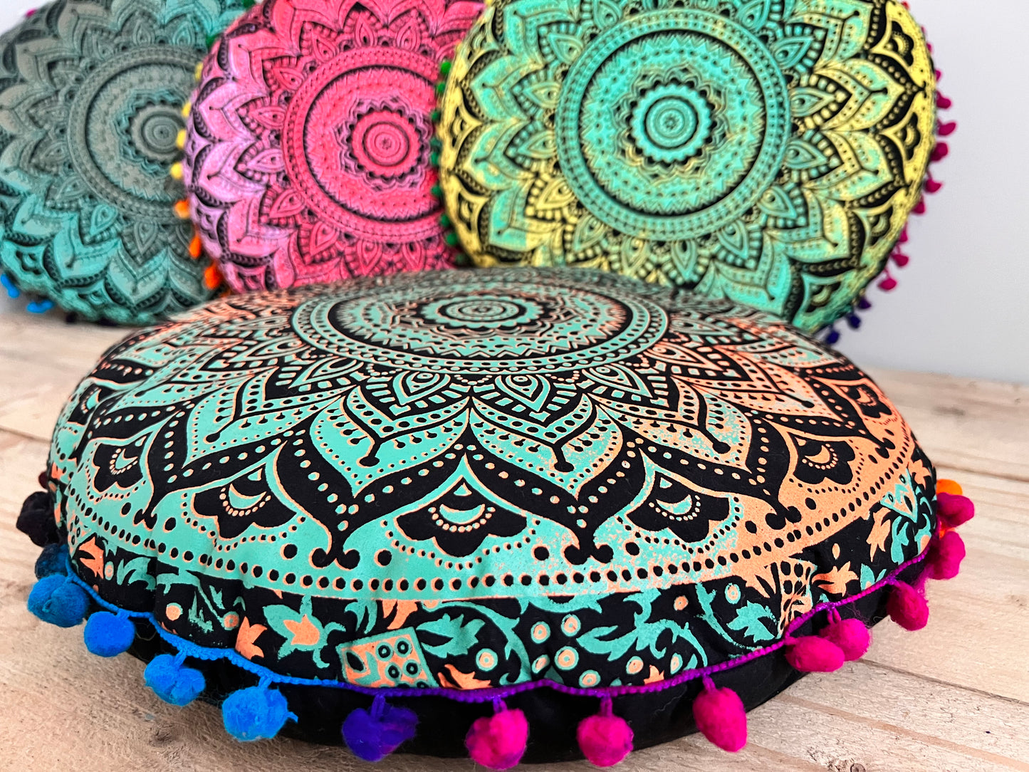 Handmade Fair Trade Round Mandala Print Yoga Meditation Floor Cushion Boho Hippie Home Decor Pom Pom 