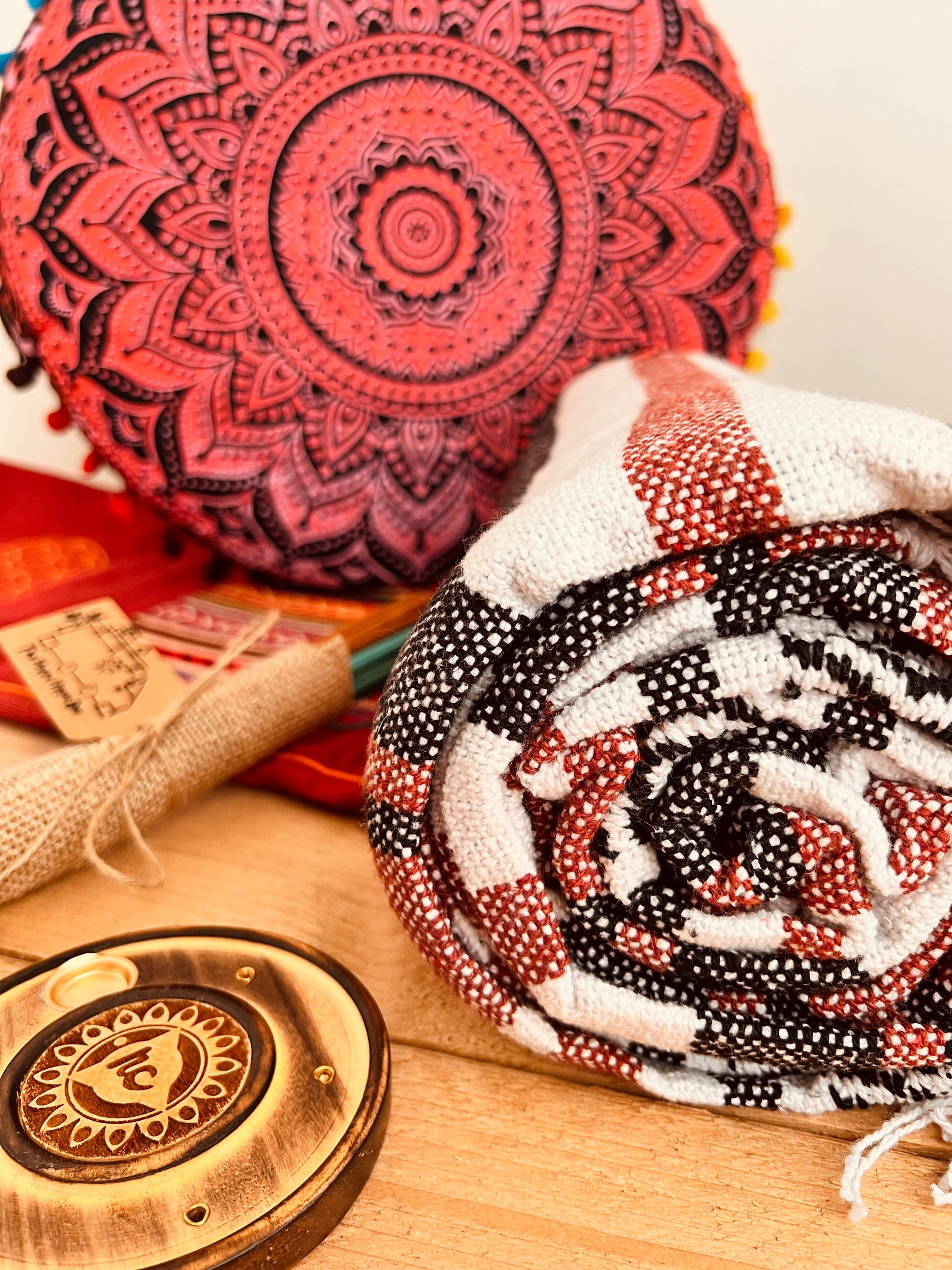 Handmade red meditation set with red mandala print handmade cushion, throw, incense and yoga mat bag and incense holder – eco-friendly yoga gift set for mindfulness and relaxation, self care gift 