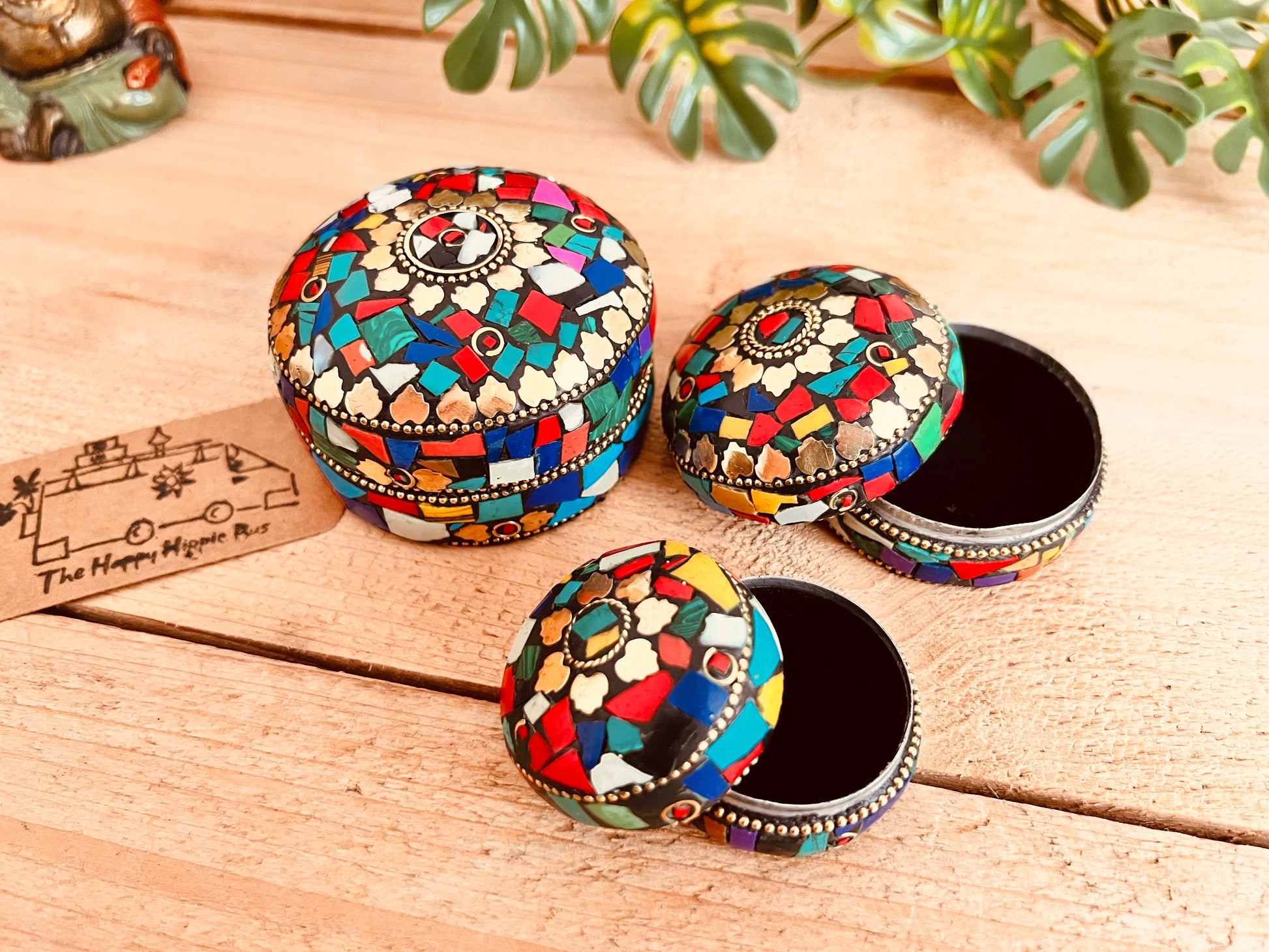 Handmade mini metal trinket jewellery storage boxes, multicolour mosaic & gold design round mini storage boxes, three sizes nesting mini trinket boxes