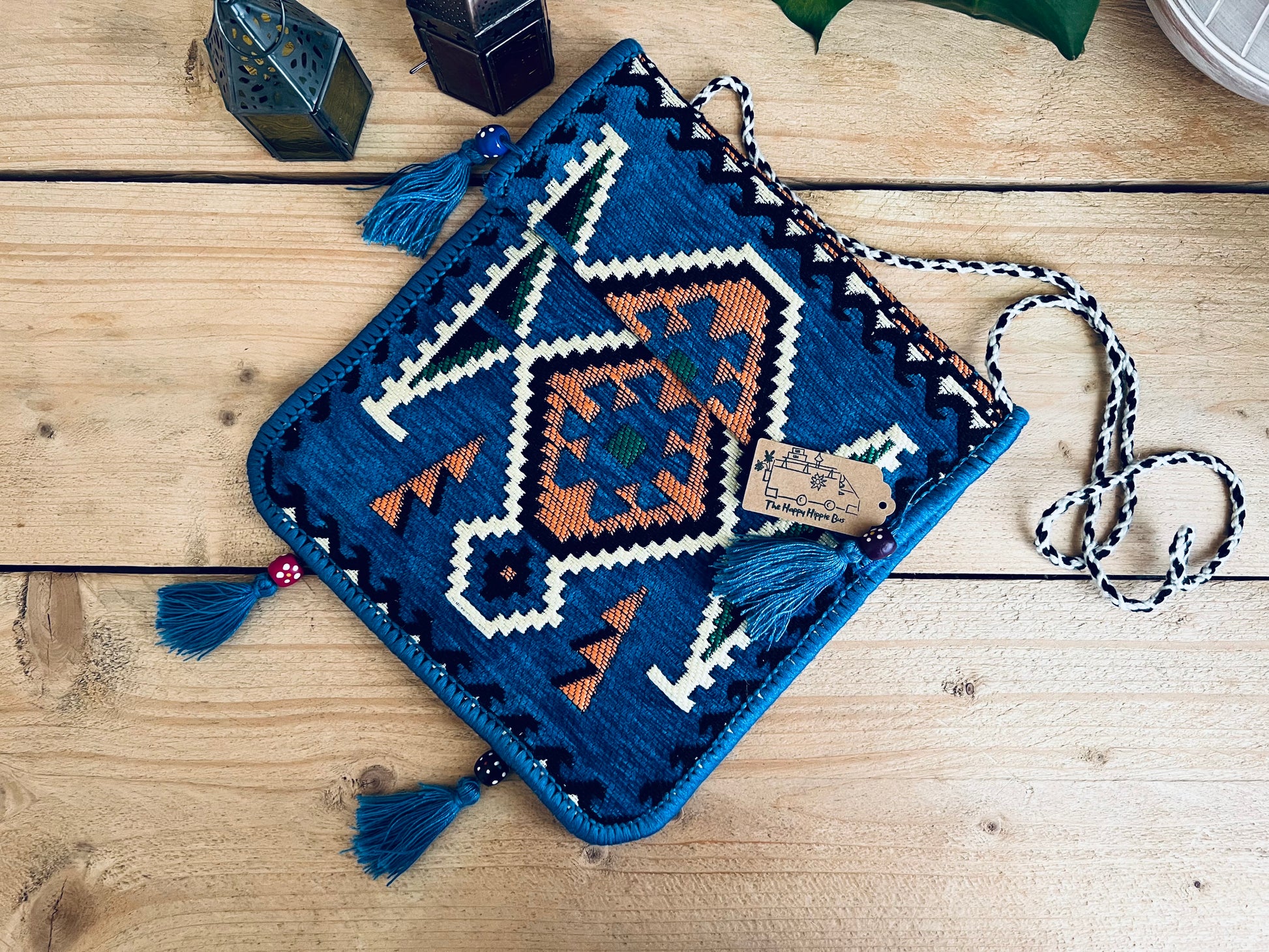 Handmade Fair Trade Turkish Kilim Shoulder Bag IN Sky Blue With a Black & White String Strap Flap Pocket Wooden Beads and Tassels Sky Blue