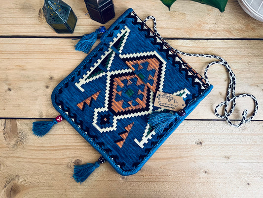 Handmade Fair Trade Turkish Kilim Shoulder Bag IN Sky Blue With a Black & White String Strap Flap Pocket Wooden Beads and Tassels Sky Blue