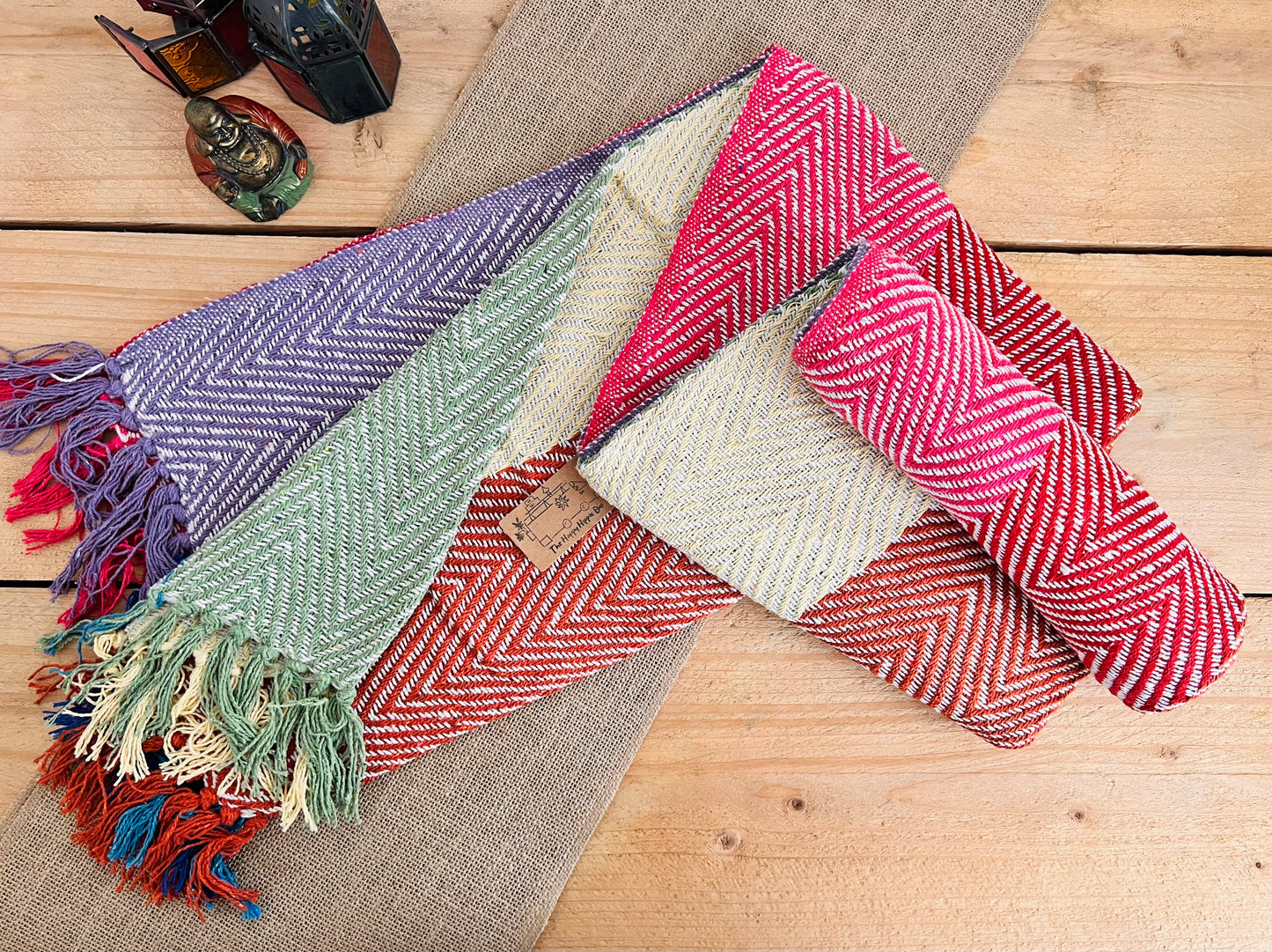 Herringbone weave handmade rainbow stripe throw blanket, colourful rainbow colour stripes with colourful tassel edge, boho hippie bohemian decor blanket throw, fair trade & ethically sourced