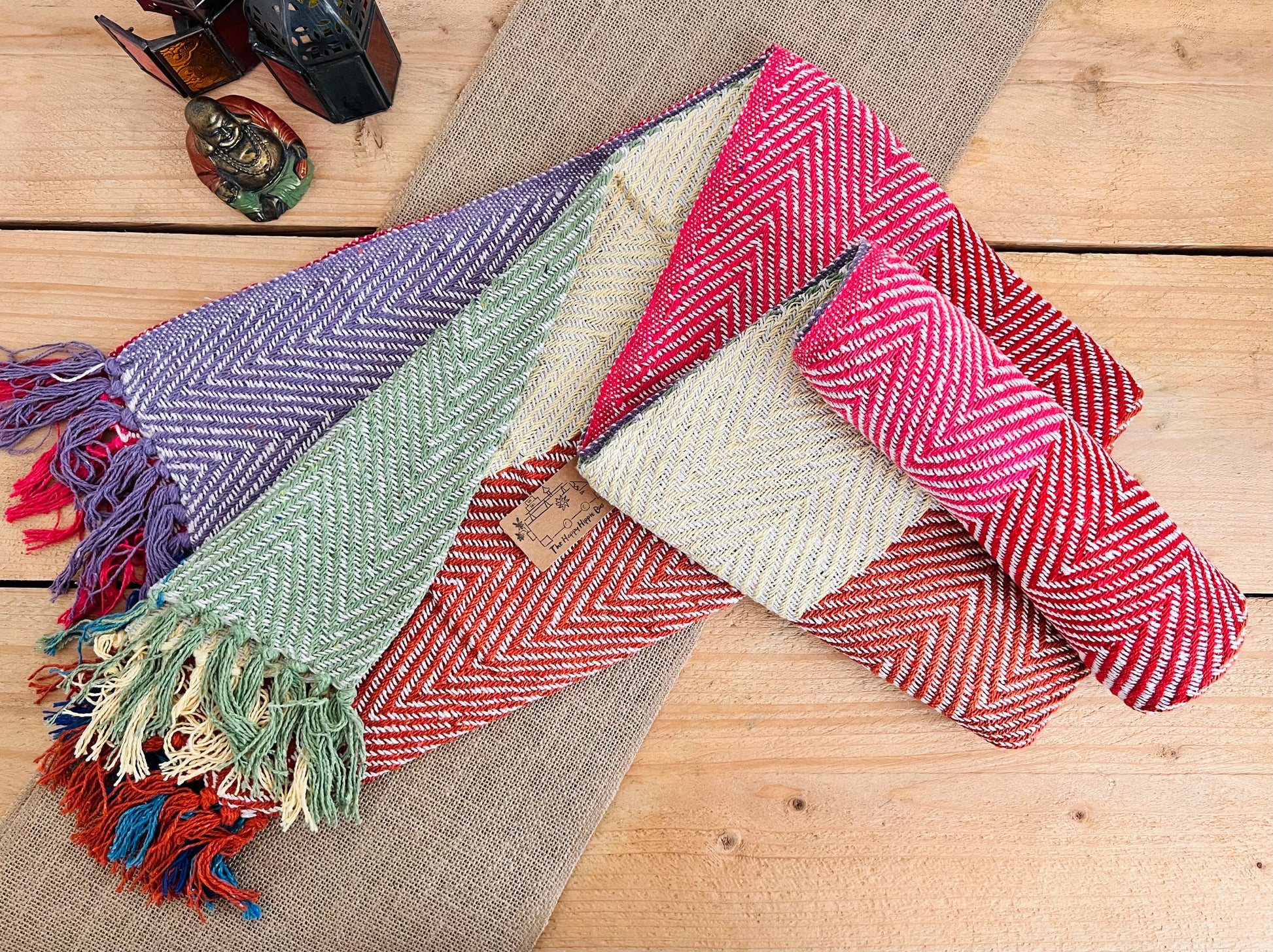 Herringbone weave handmade rainbow stripe throw blanket, colourful rainbow colour stripes with colourful tassel edge, boho hippie bohemian decor blanket throw, fair trade & ethically sourced