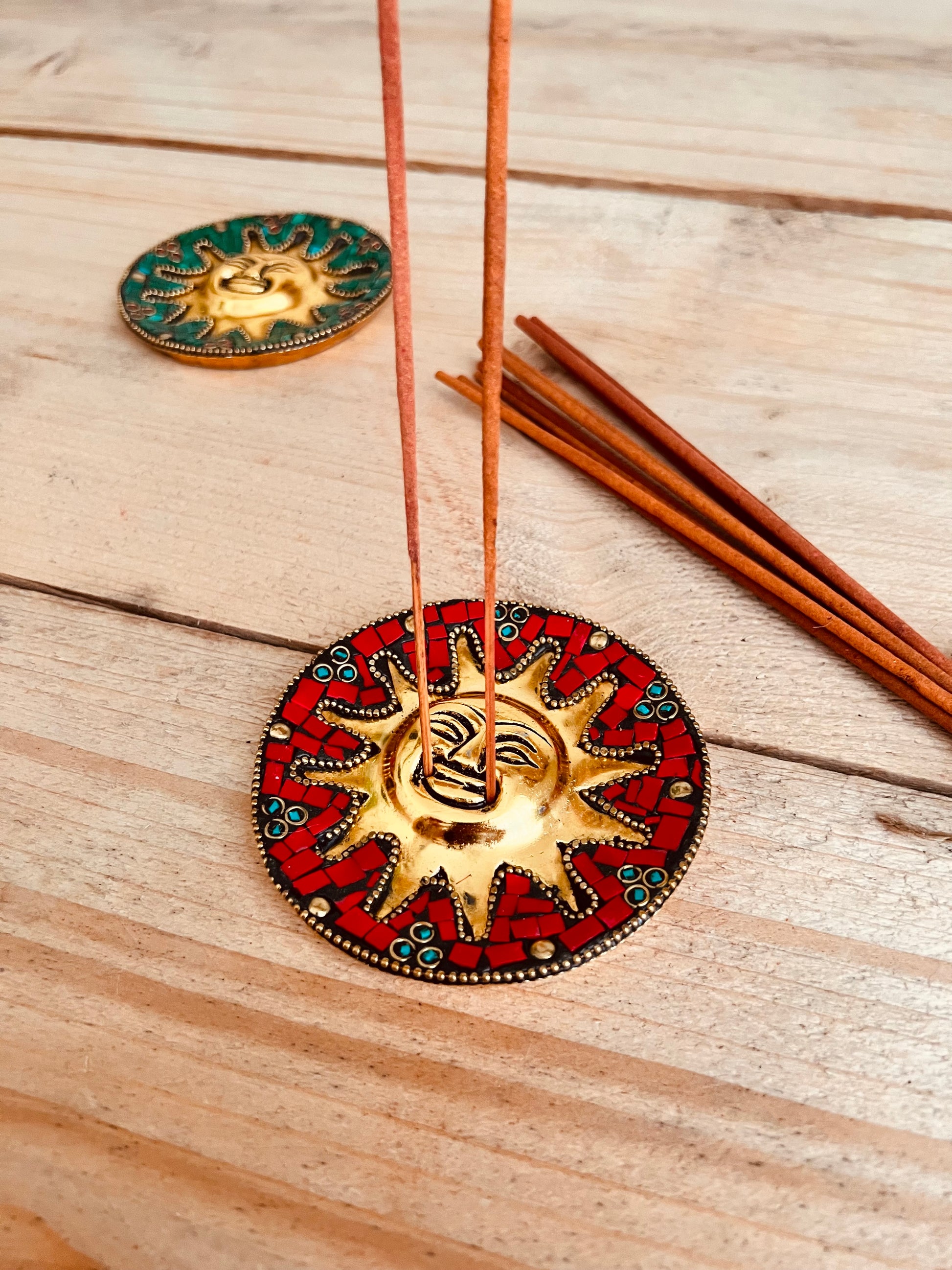 Handmade Fair Trade Mossaic Incense Stick HOlder With Gold Sun Face Ash Catcher