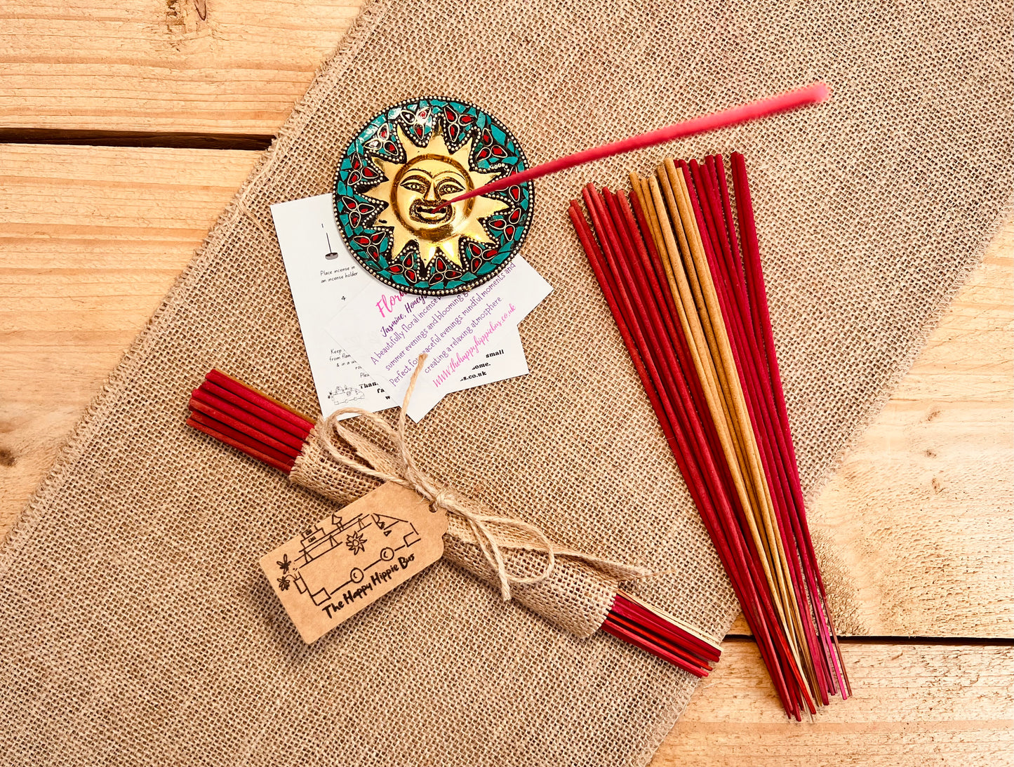 Summer Scented Incense Sticks Floral Bloom Jasmine, Honeysuckle, Opium Incense Bundle Plastic Free Hessian Wrapped