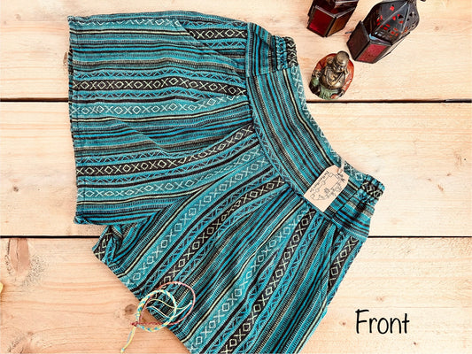 women’s summer boho hippie shorts, blue turquoise striped casual relaxed fit shorts with half elasticated waist, recycled handmade cotton fabric shorts with striped bohemian hippie design, fair trade and ethical