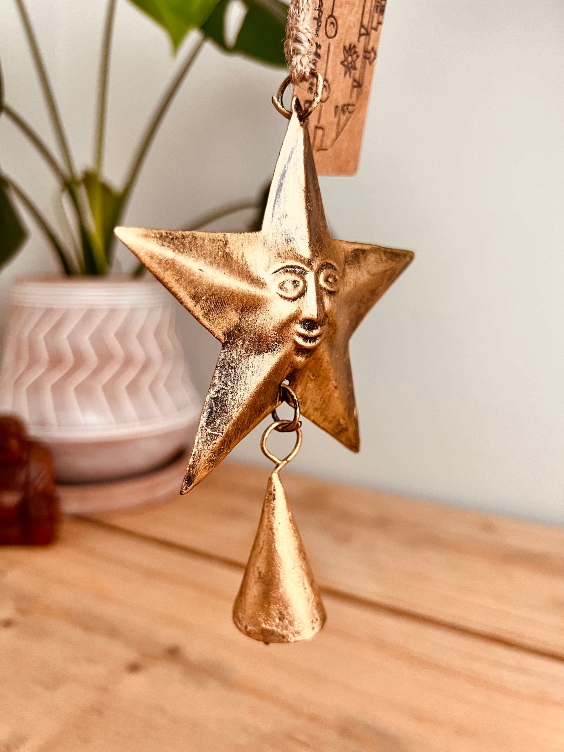 Handmade Fair Trade Smiling Gold Star Bell Indian Bell Mini Bohemian Hippie Hanging Decor Wind chime