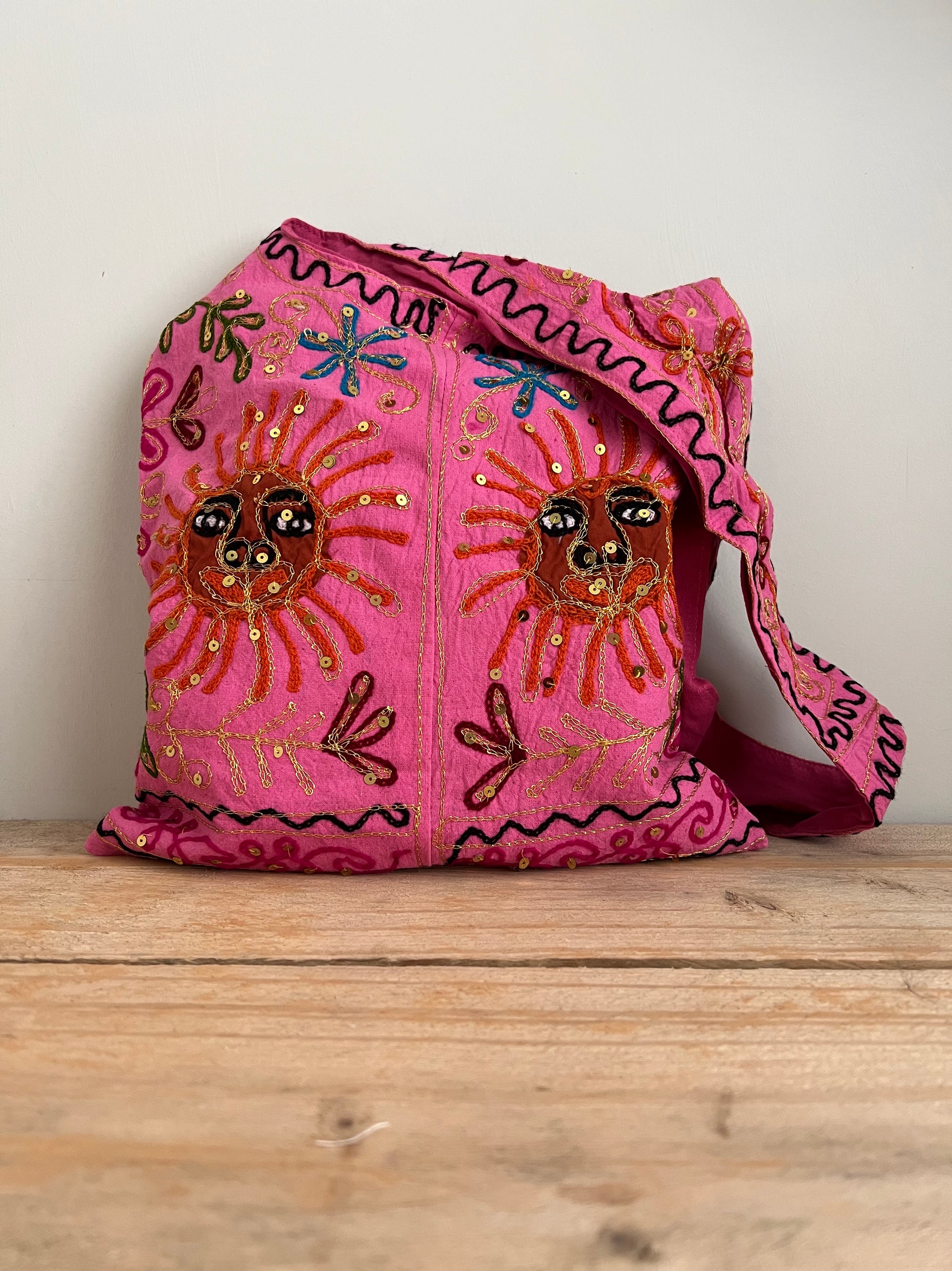 Handmade Fair Trade Hand Embroidered Smiling Indian Sun Shoulder Bag Festival Travel Bohemian Bag Pink