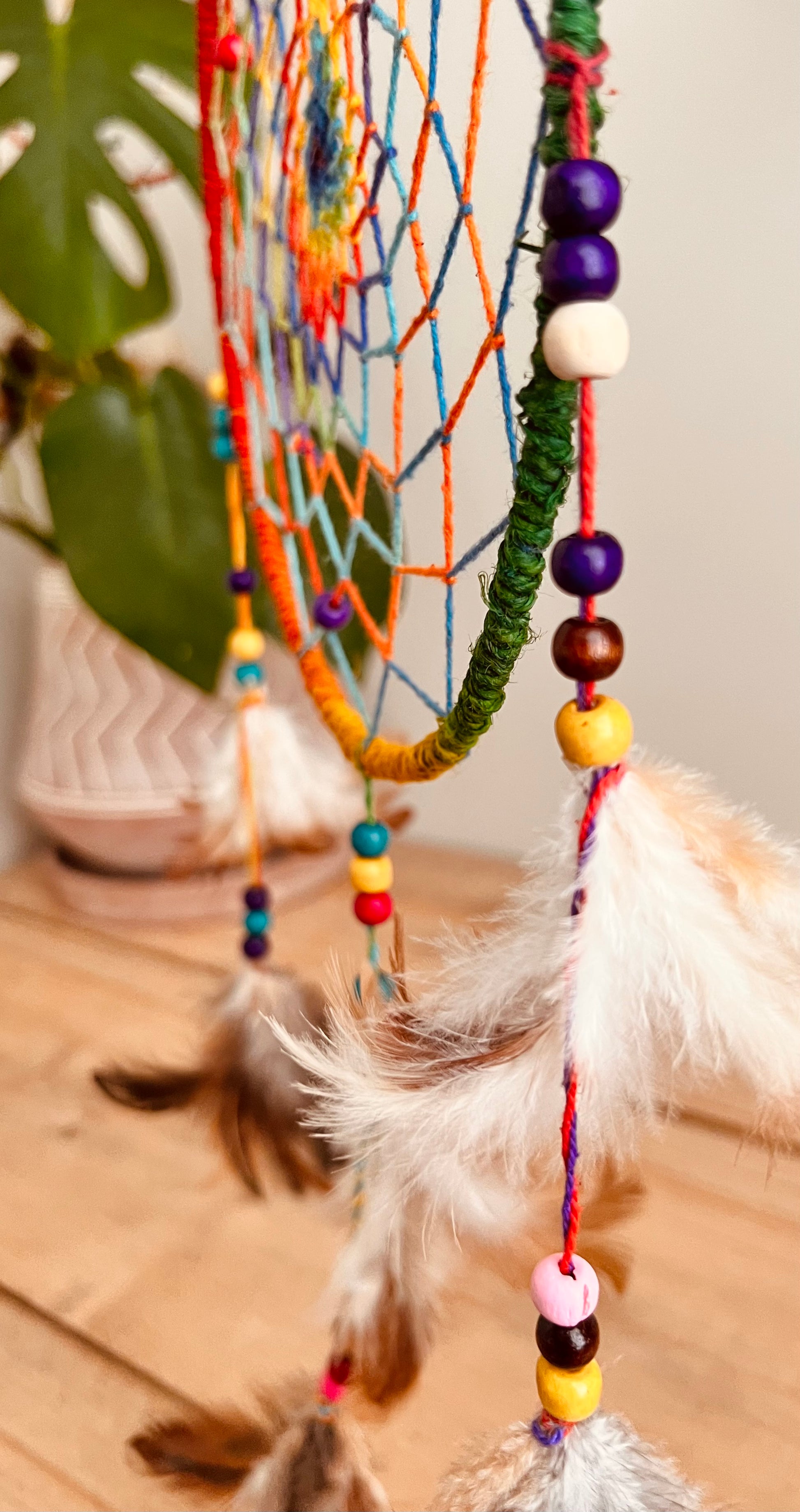 Colorful dreamcatcher with beads and feathers dream catcher handmade fair trade rainbow hemp dreamcatcher, ethical boho hippie home decor bedroom dreamcatcher in multicolours