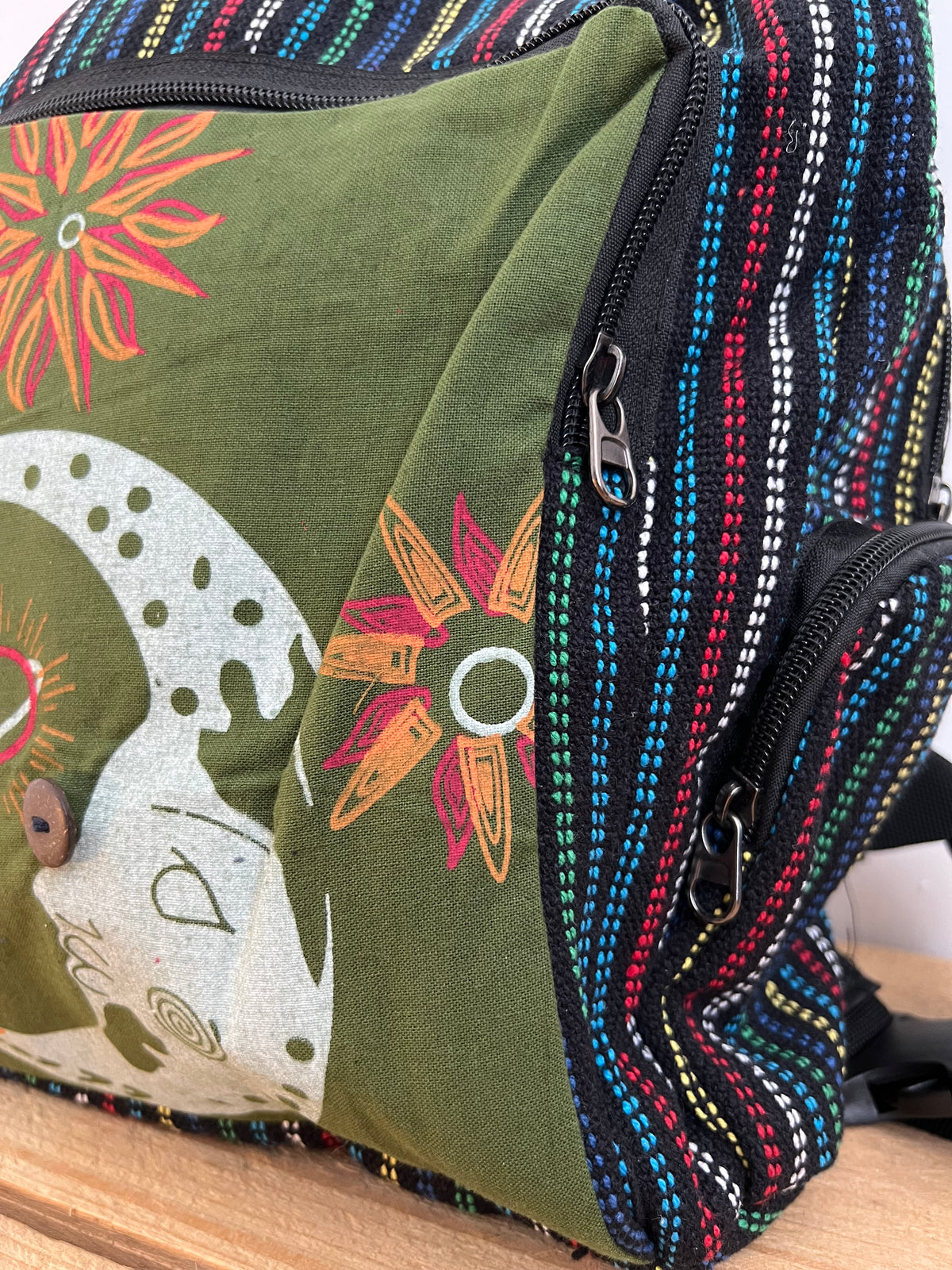 Crescent Moon Hand Printed Backpack Midnight Blue & Earth Green