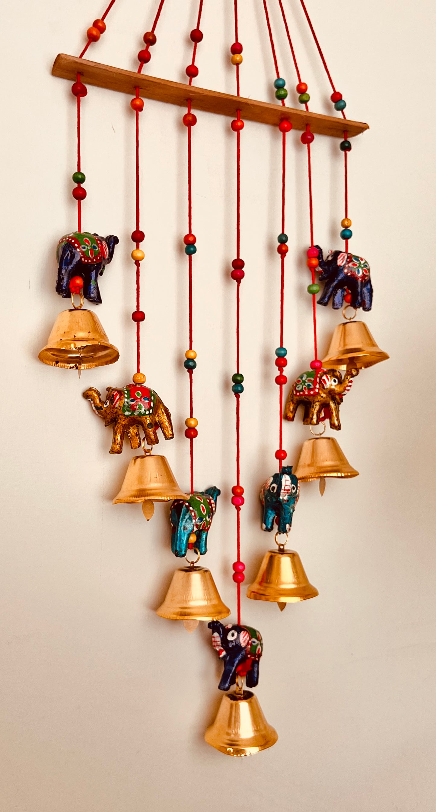 Handmade fair trade ethically sourced Indian elephant wind chime hanging mobile bells multicoloured bell decoration boho hippie home decor 