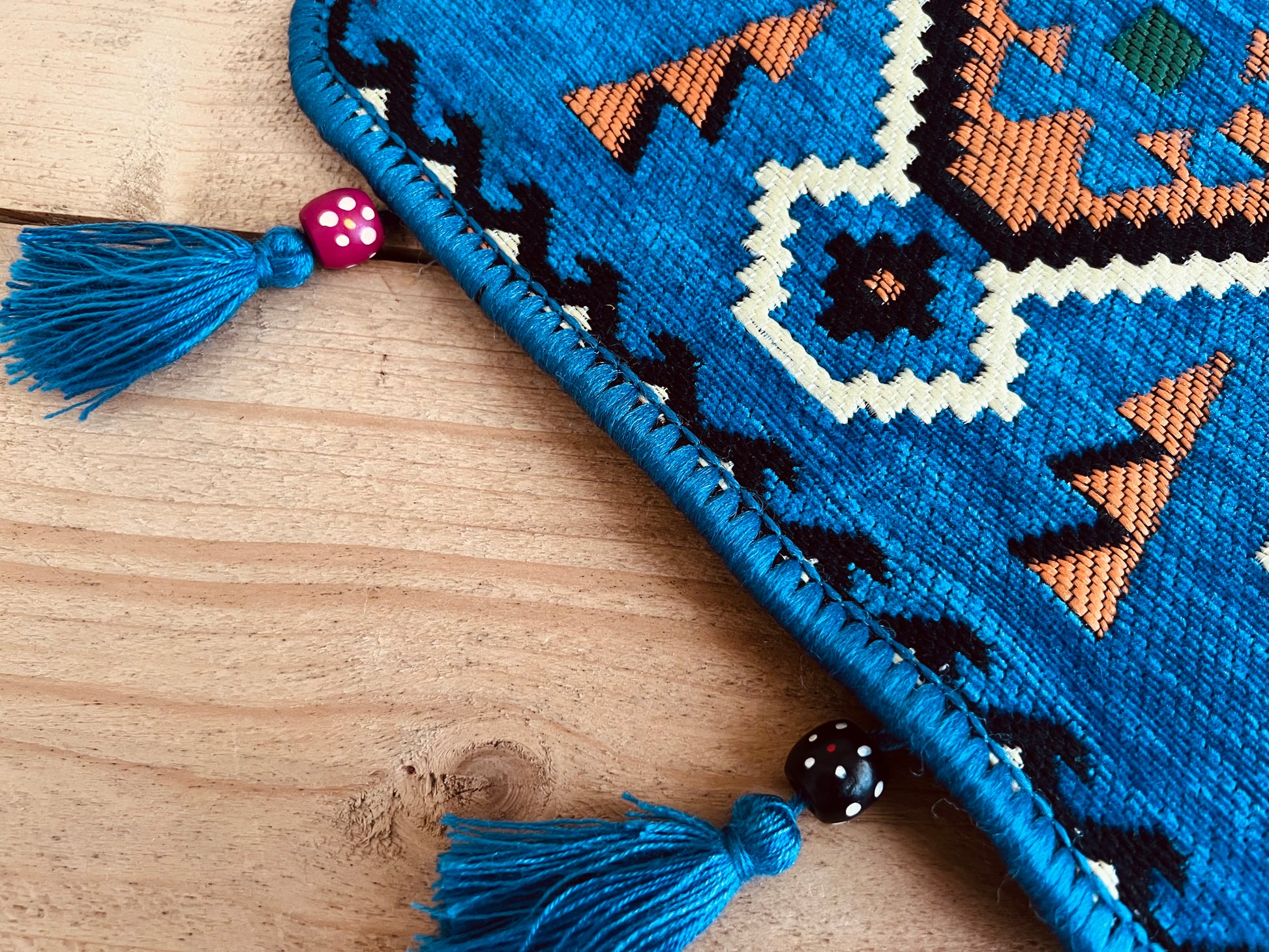 Handmade Fair Trade Turkish Kilim Shoulder Bag IN Sky Blue With a Black & White String Strap Flap Pocket Wooden Beads and Tassels Sky Blue