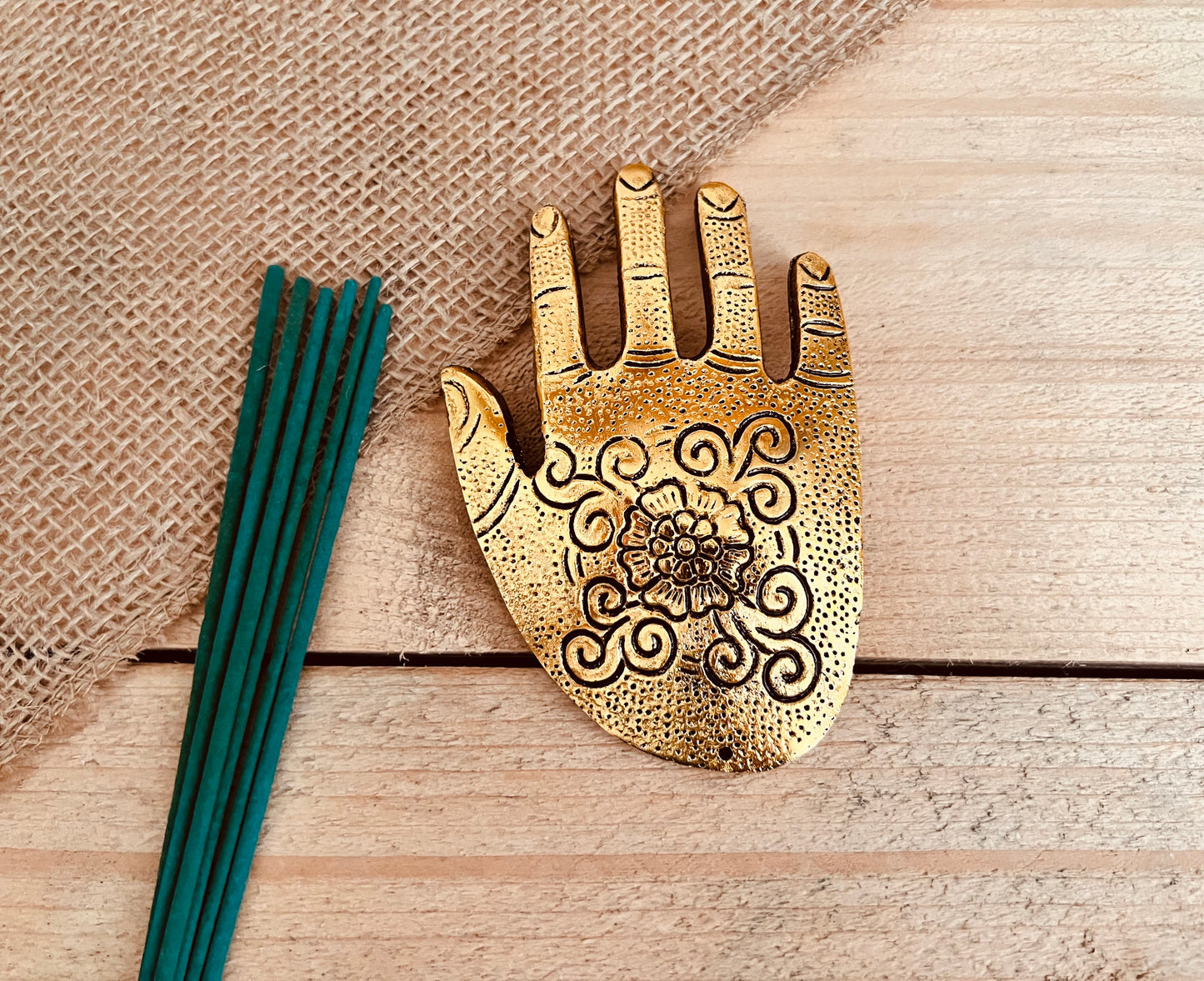 Handmade & Fair Trade Hamsa Hand Incense Holder Gold Ash Catcher Incense Stick Holder