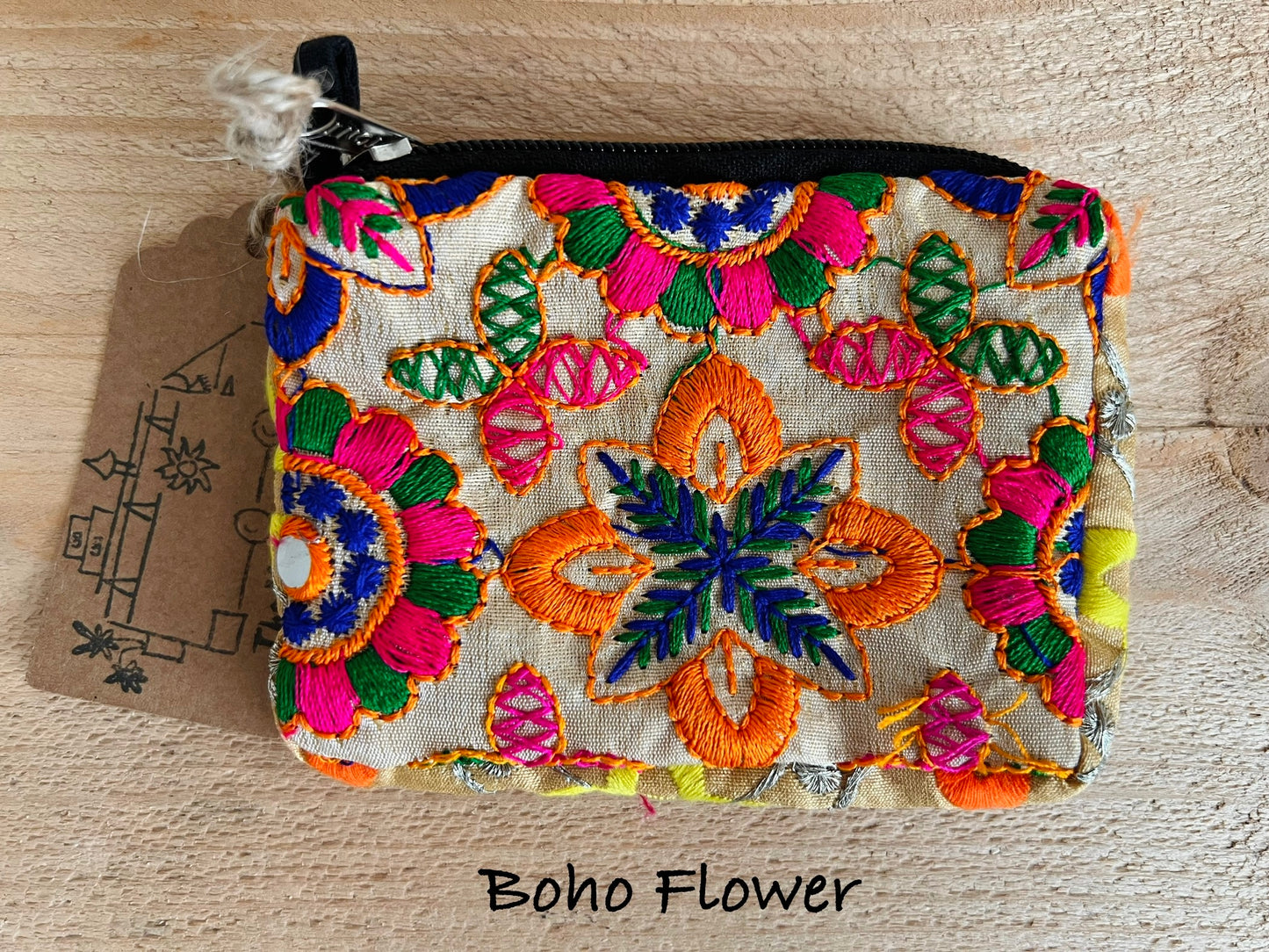 Handmade fair trade bohemian hippie coin purse with flower design 