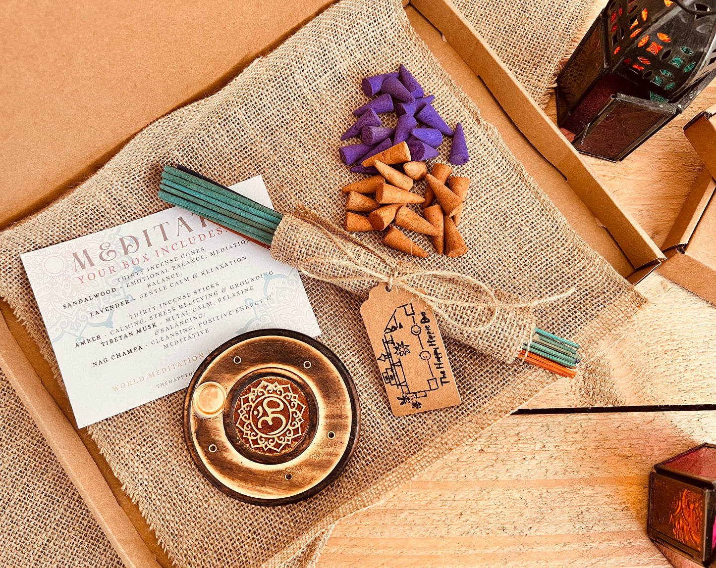 Incense subscription box with natural cones and sticks, ideal for stress relief, yoga, and mindful aromatherapy