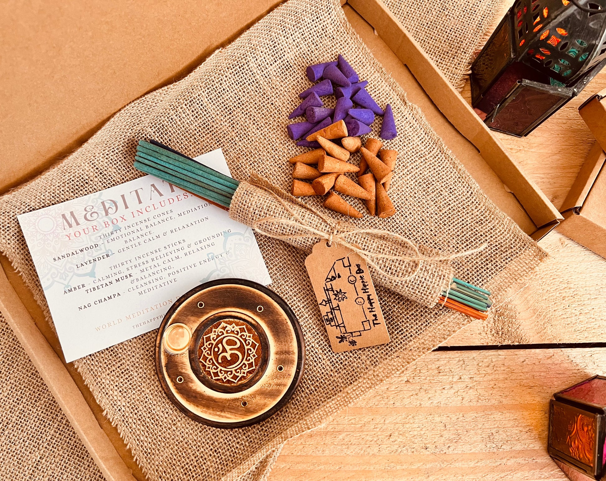 Incense subscription box with natural cones and sticks, ideal for stress relief, yoga, and mindful aromatherapy