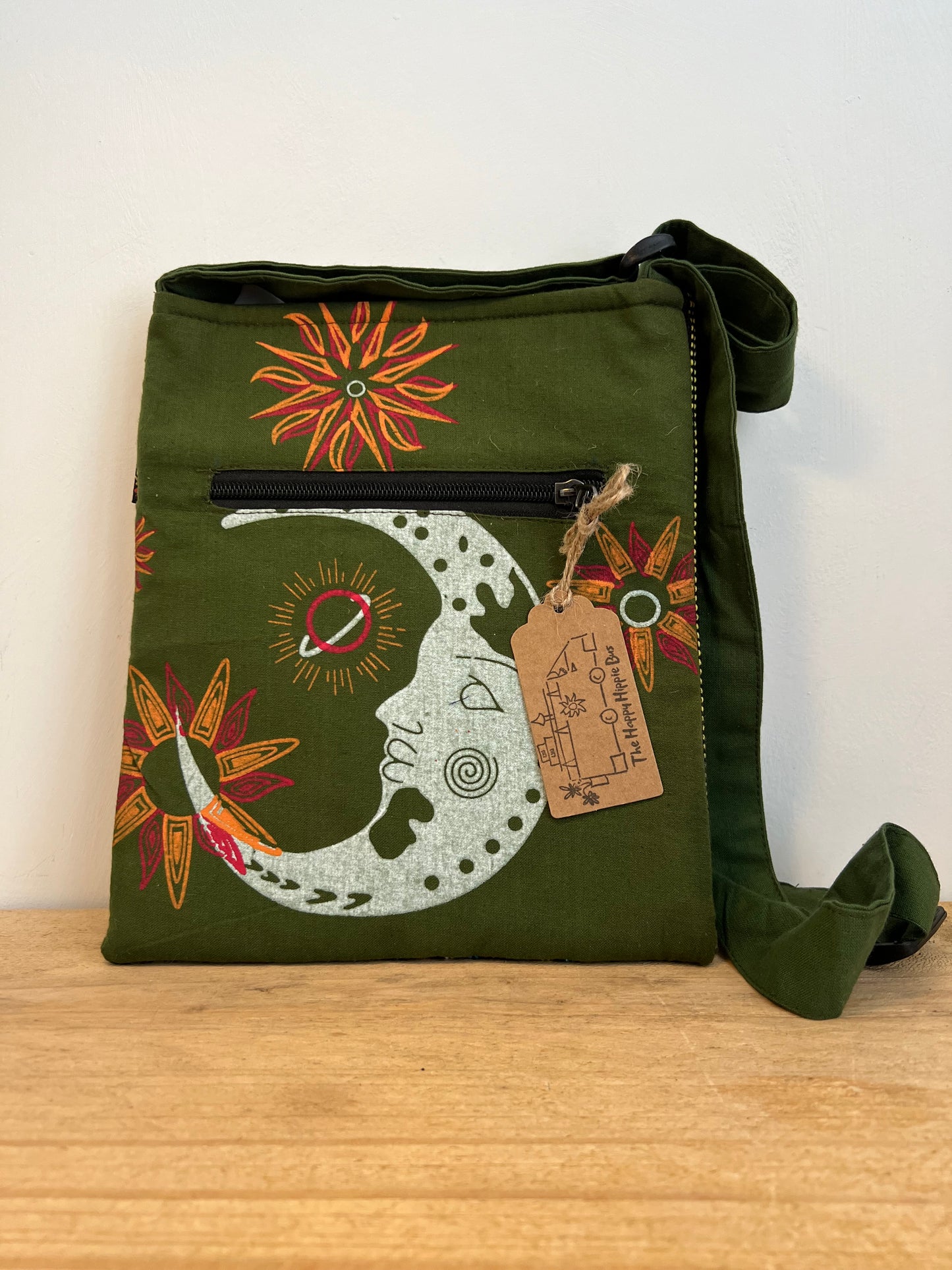 Handmade Forest Green Nepalese Cotton Moon Print Passport Crossbody Bag