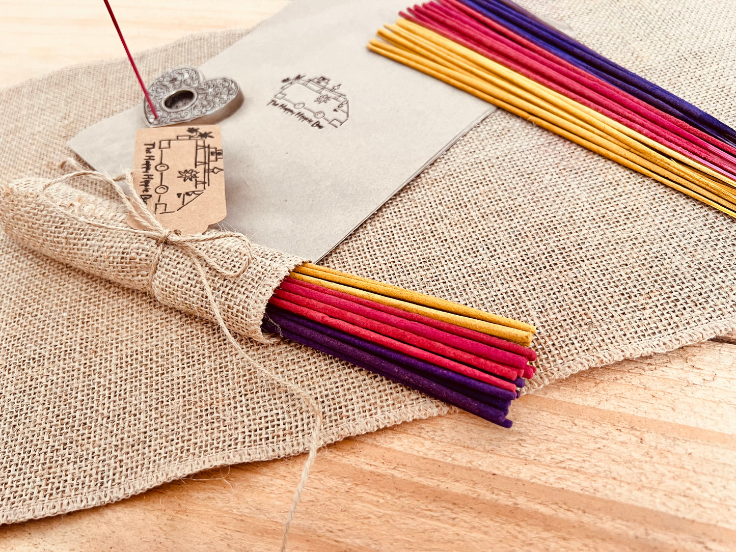 30 Vibrantly colourful summer mix incense sticks, handmade plastic free eco friendly environmentally conscious sustainable incense sticks for home in the summer time, yellow, Purple, pink incense sticks wrapped in hessian burlap wrap, fair trade and ethically sourced summer home fragrance incense