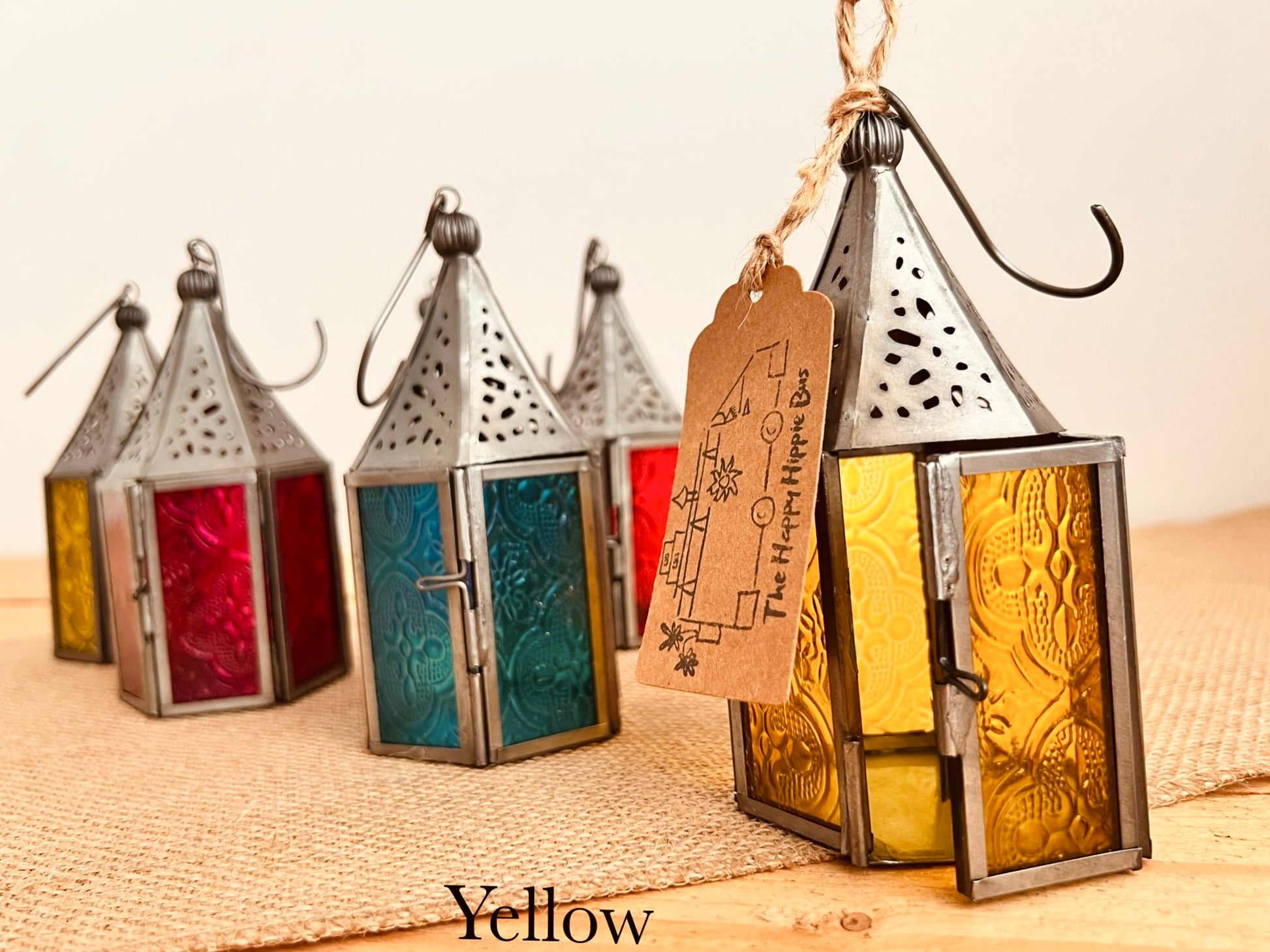 Handmade Fair Trade Ethically Sourced Recycled Metal Glads Lantern Moroccan Style T Light Holder Small Colourful Boho Hippie Decor Orange Purple Green Blue Purple Yellow Pink Red Silver Mini Lantern 
