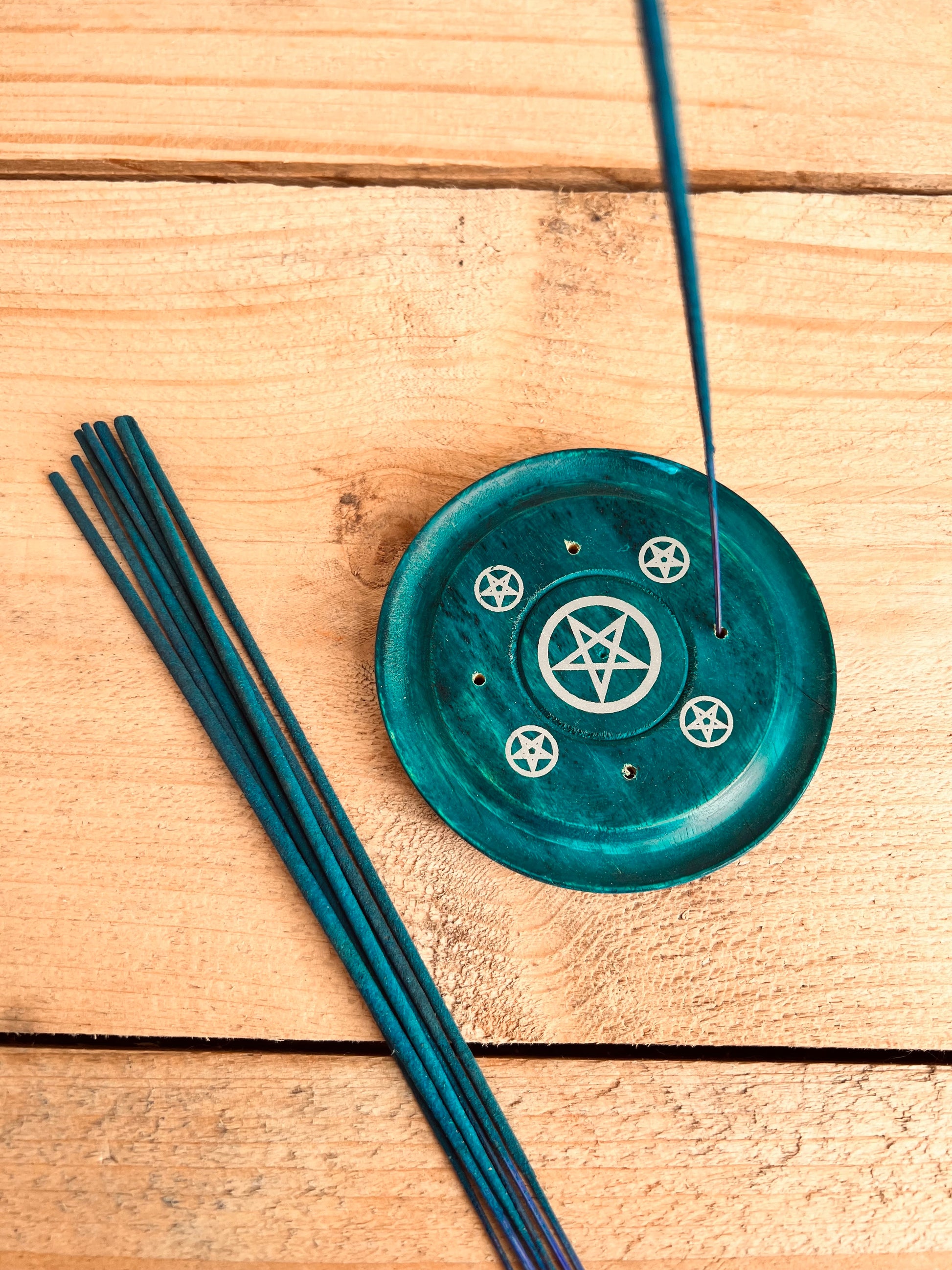 Handmade Fair Trade Mango Wood Bright Chakra Design Incense Stick Holder Ash Catcher Blue Pentagram