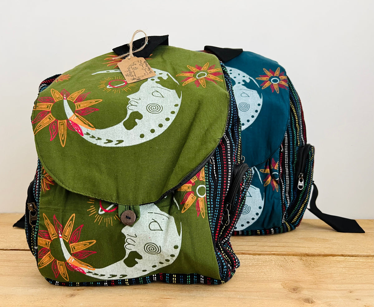 Crescent Moon Hand Printed Backpack Midnight Blue & Earth Green