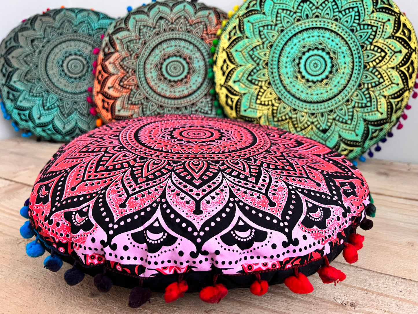 Handmade Fair Trade Round Mandala Print Yoga Meditation Floor Cushion Boho Hippie Home Decor Red