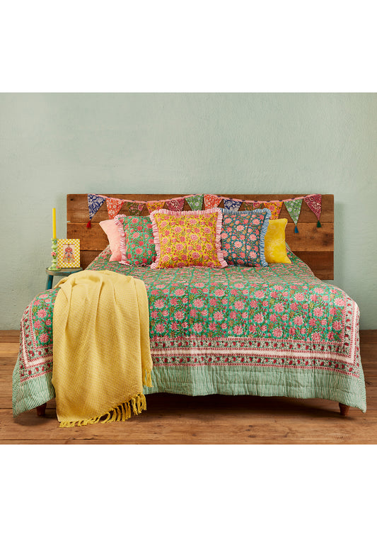 Handmade Fair Trade Ethically Sourced Bohemian Hippie Green Revers-able Bedspread  Green Pink Yellow Throw Blanket Qulit 