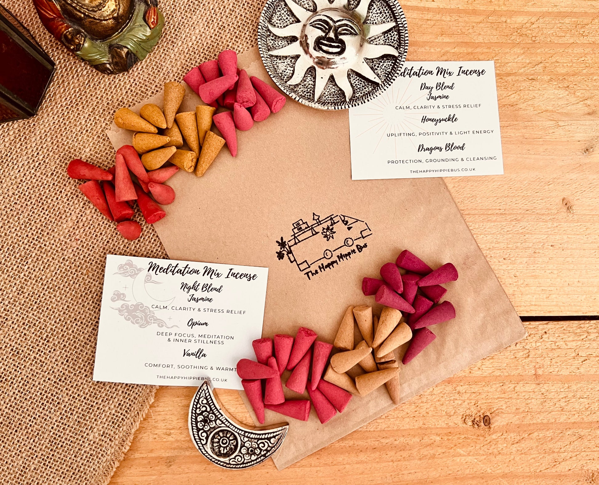 Night & Day Meditation Incense Cones a complementary duo for mindful routines. Day blend includes Honeysuckle, Jasmine & Dragon’s Blood. Night Jasmine, Vanilla & Opium uplifting & calming and grounding incense. Perfect for morning focus, evening stillness, yoga, and sleep rituals.