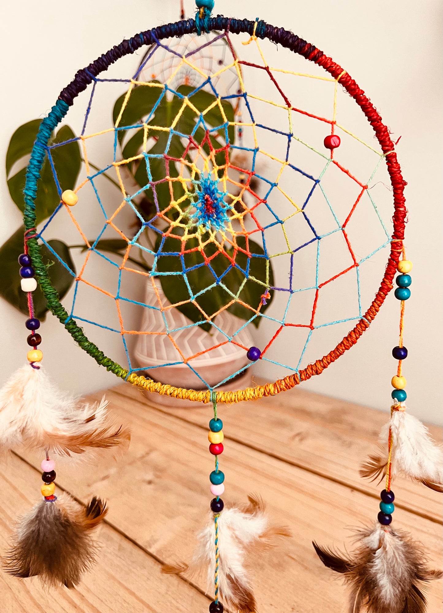 Large round rainbow coloured fair trade dream catcher handmade fair trade