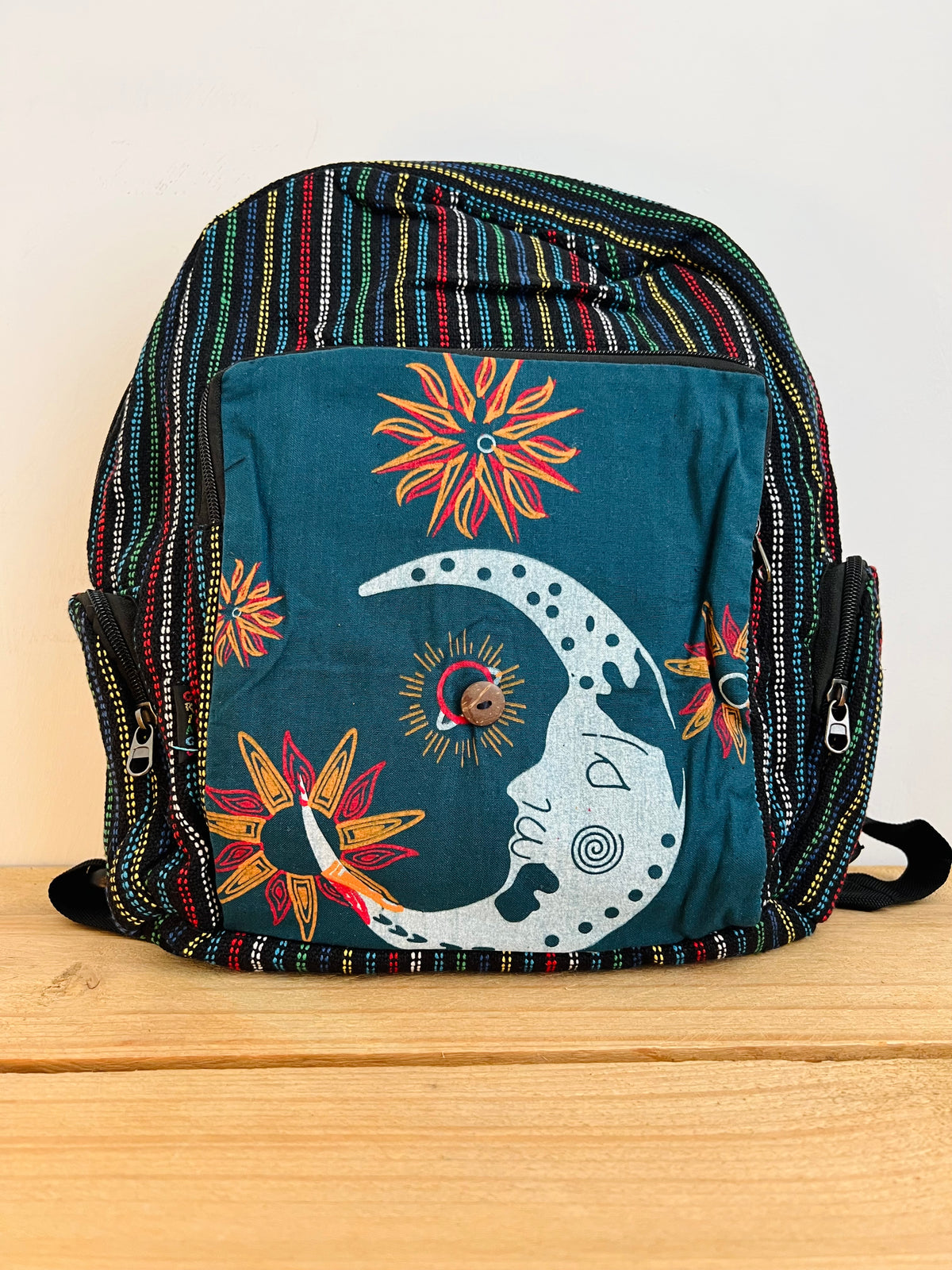 Crescent Moon Hand Printed Backpack Midnight Blue & Earth Green