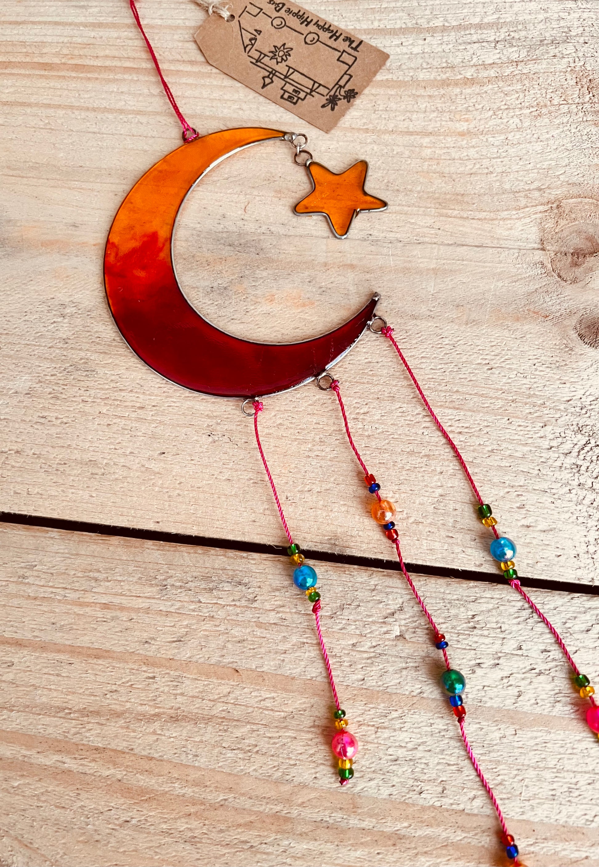 Handmade Fair Trade Crescent Moon & Star Orange & Yellow Sun catcher Boho & Hippie Window Decor  