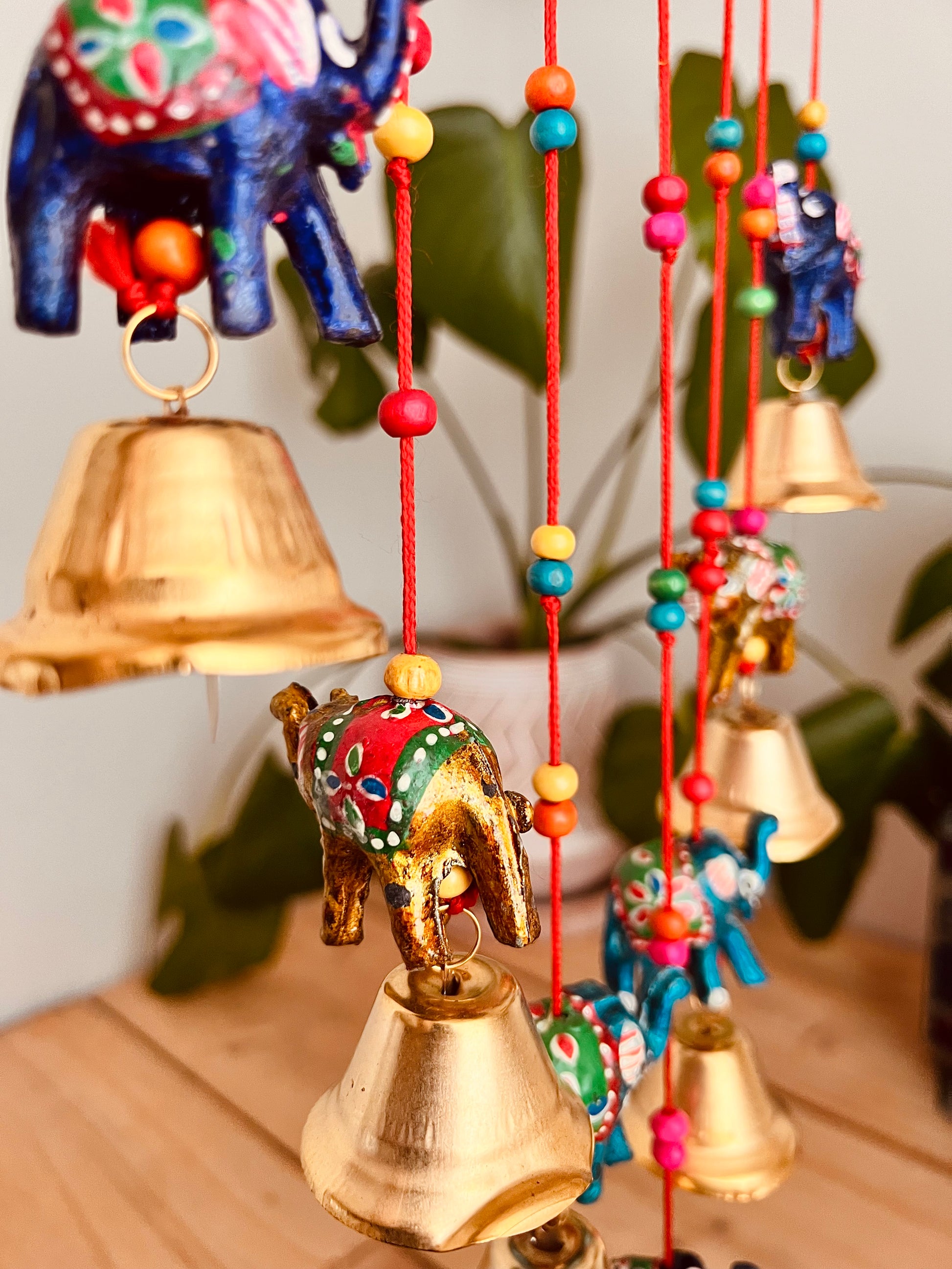 Handmade fair trade ethically sourced Indian elephant wind chime hanging mobile bells multicoloured bell decoration boho hippie home decor 