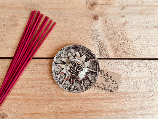 Metal Sun sunshine incense stick holder incense burner ash catcher handmade fair trade ethical recycled metal incense stick holder tray hippie boho Indian incense 