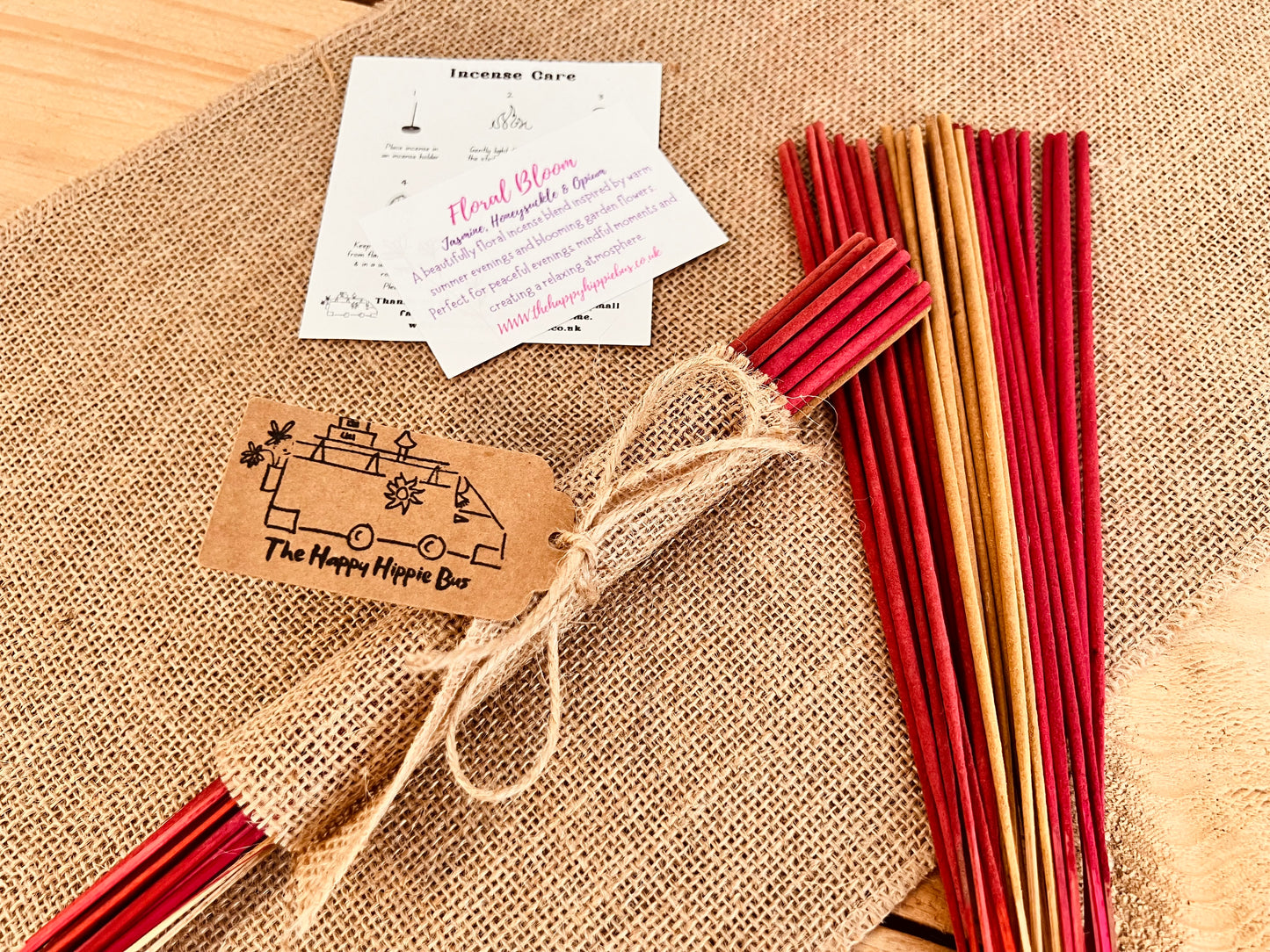 Summer Scented Incense Sticks Floral Bloom Jasmine, Honeysuckle, Opium Incense Bundle Plastic Free Hessian Wrapped